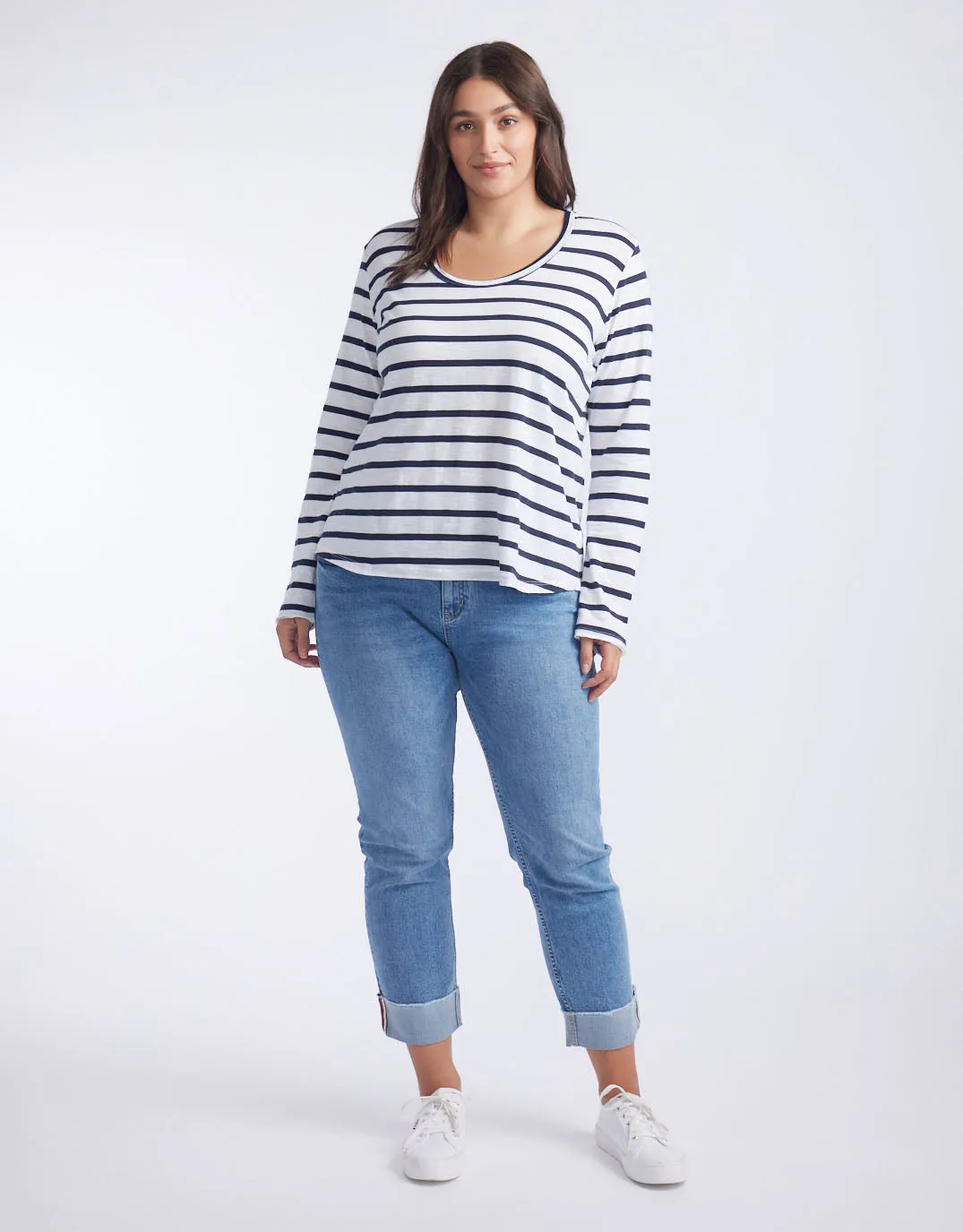 Original Round Neck Long Sleeve T-Shirt - Navy/White Stripe