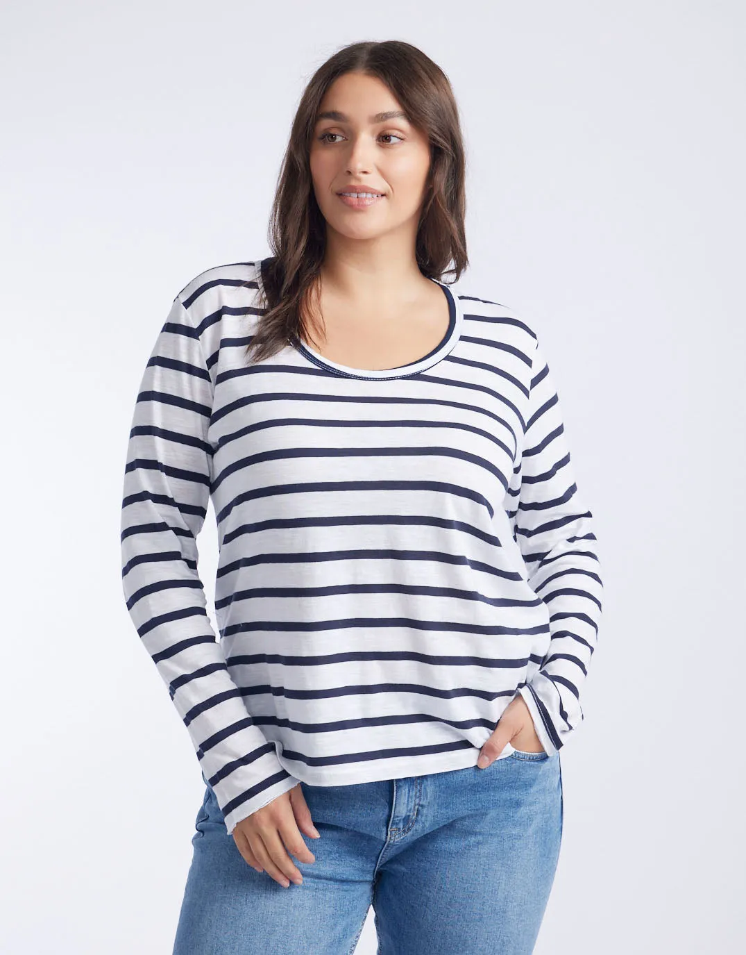 Original Round Neck Long Sleeve T-Shirt - Navy/White Stripe