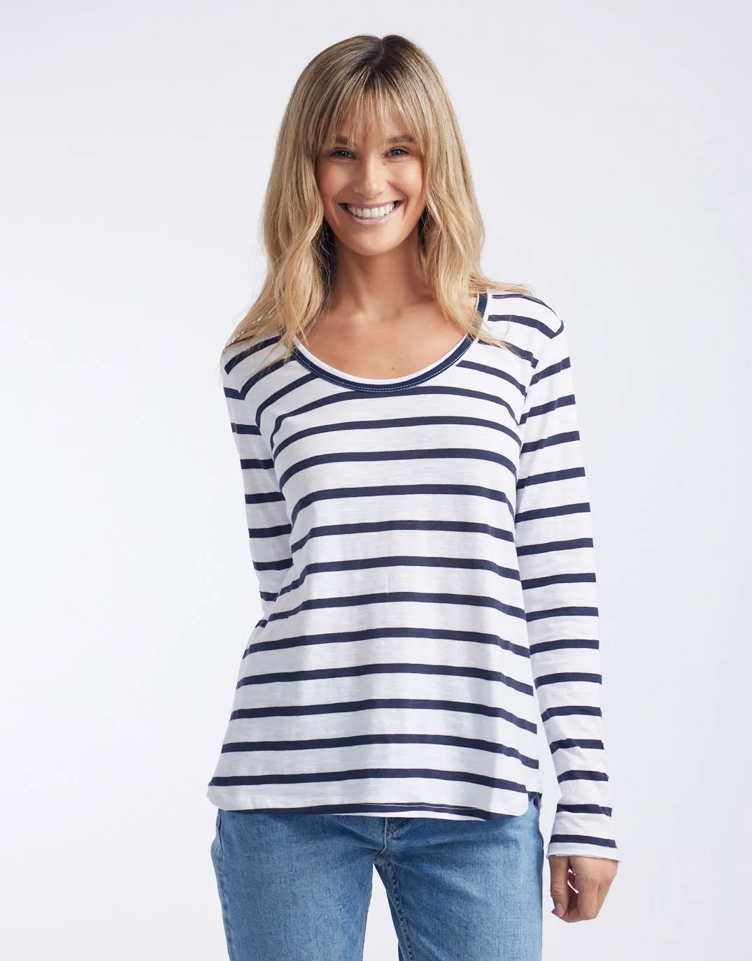 Original Round Neck Long Sleeve T-Shirt - Navy/White Stripe