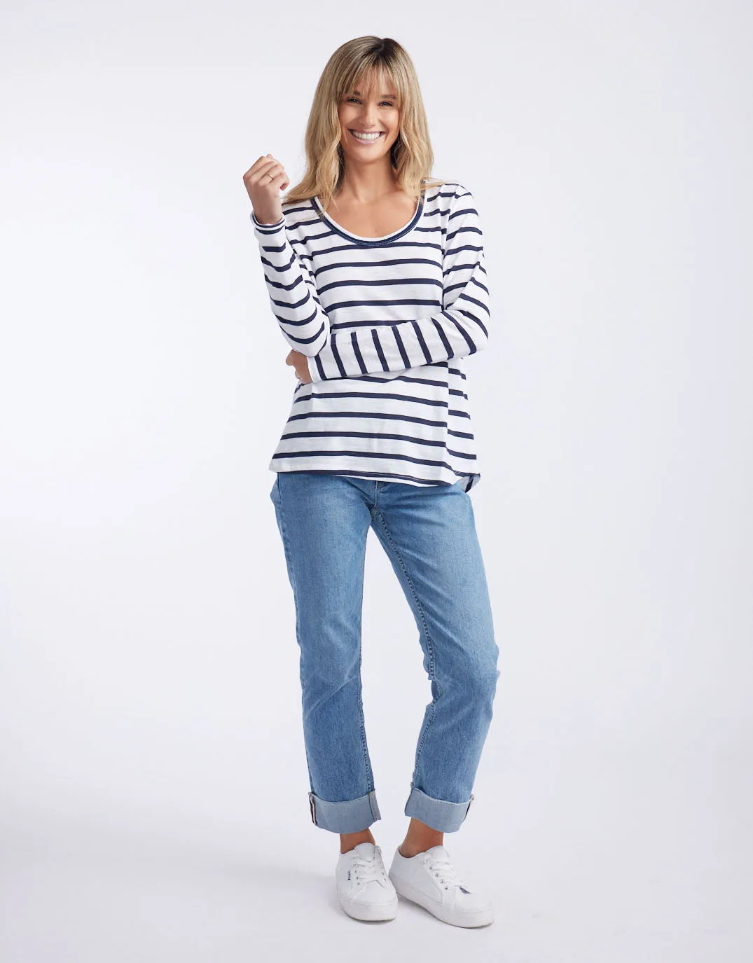 Original Round Neck Long Sleeve T-Shirt - Navy/White Stripe