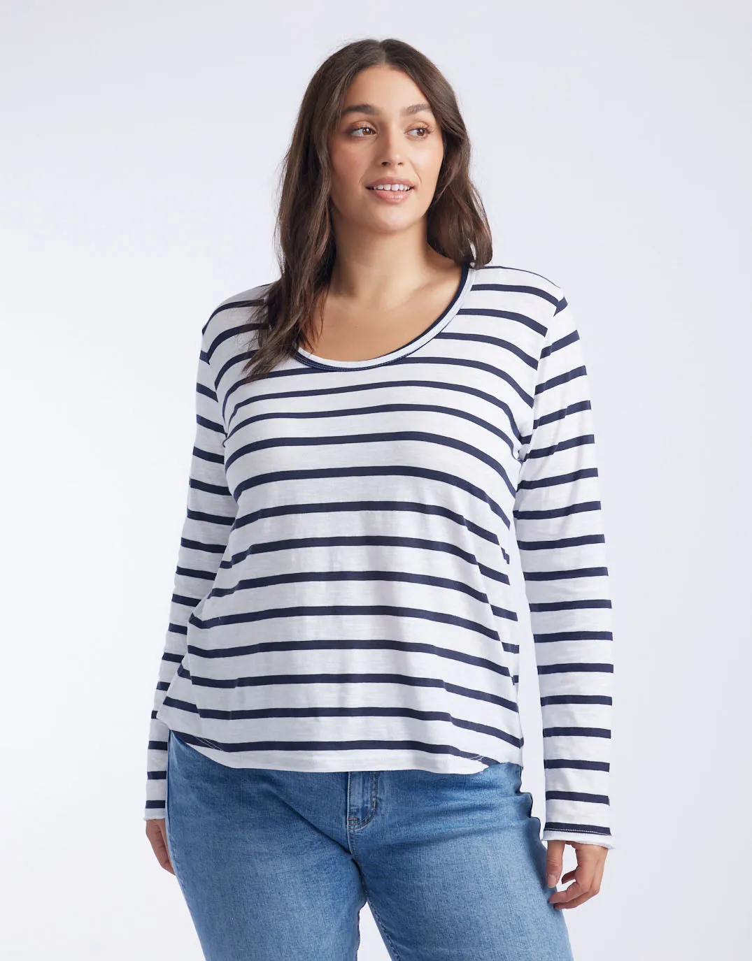 Original Round Neck Long Sleeve T-Shirt - Navy/White Stripe