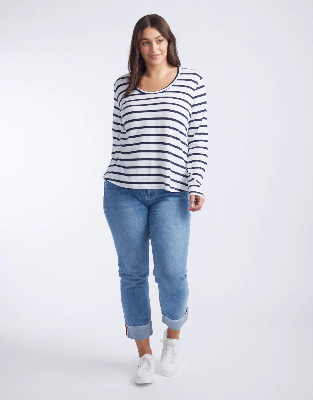 Original Round Neck Long Sleeve T-Shirt - Navy/White Stripe