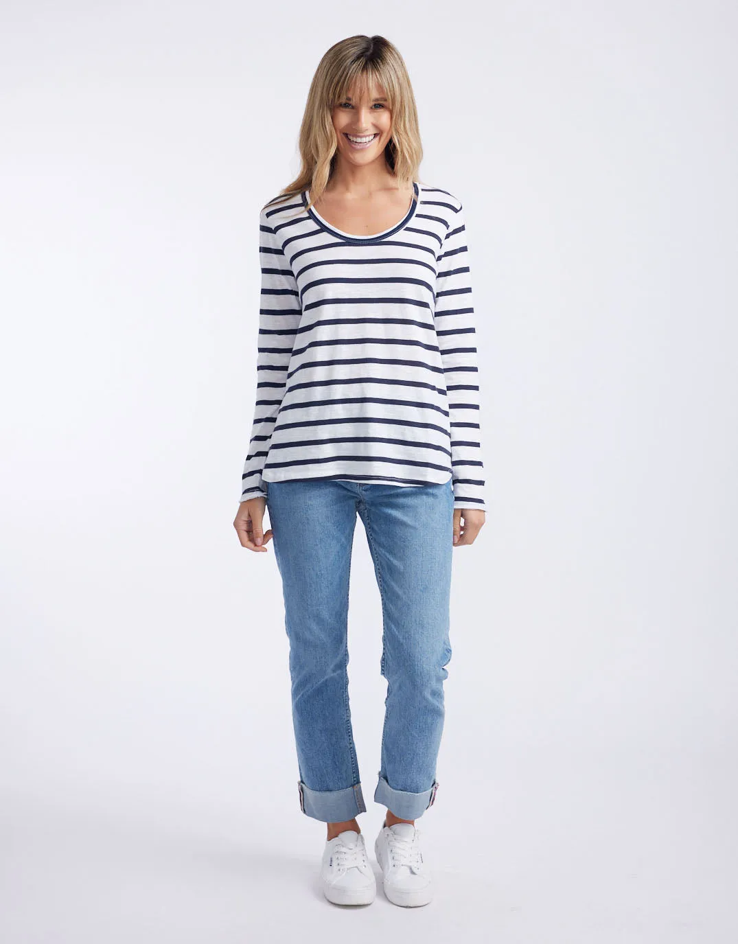 Original Round Neck Long Sleeve T-Shirt - Navy/White Stripe