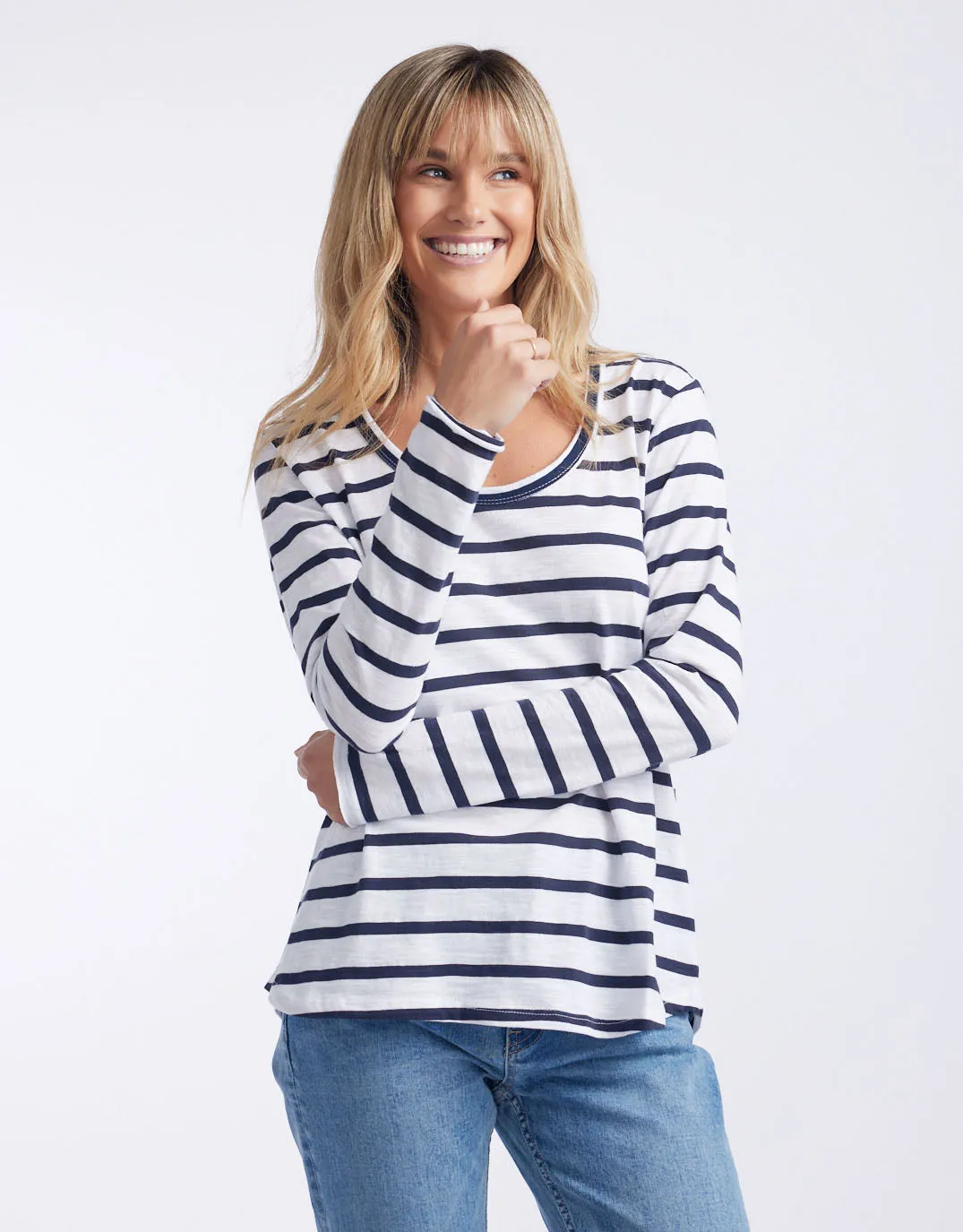 Original Round Neck Long Sleeve T-Shirt - Navy/White Stripe