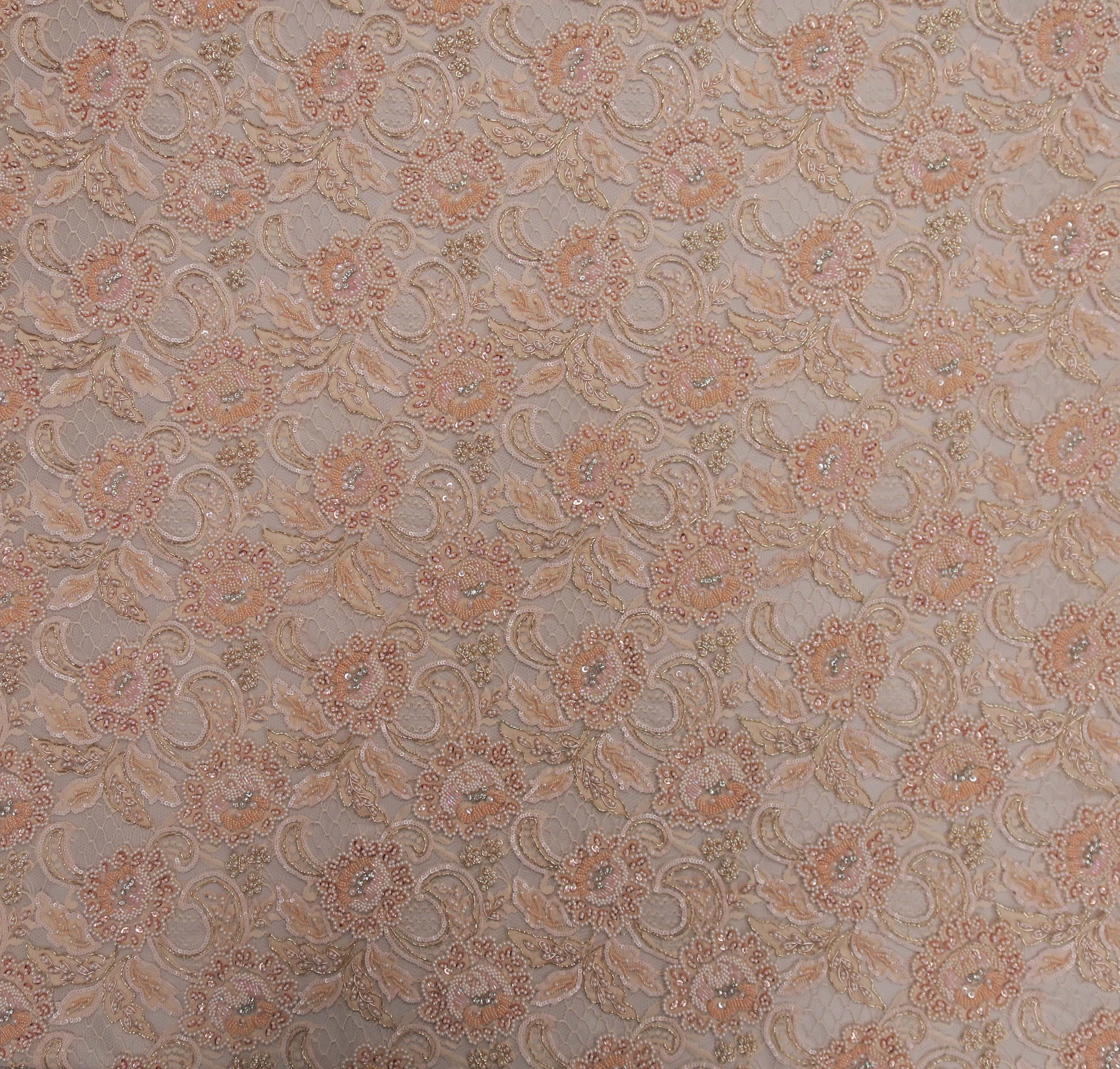 Peach Floral Beaded Embroidered Tulle Fabric