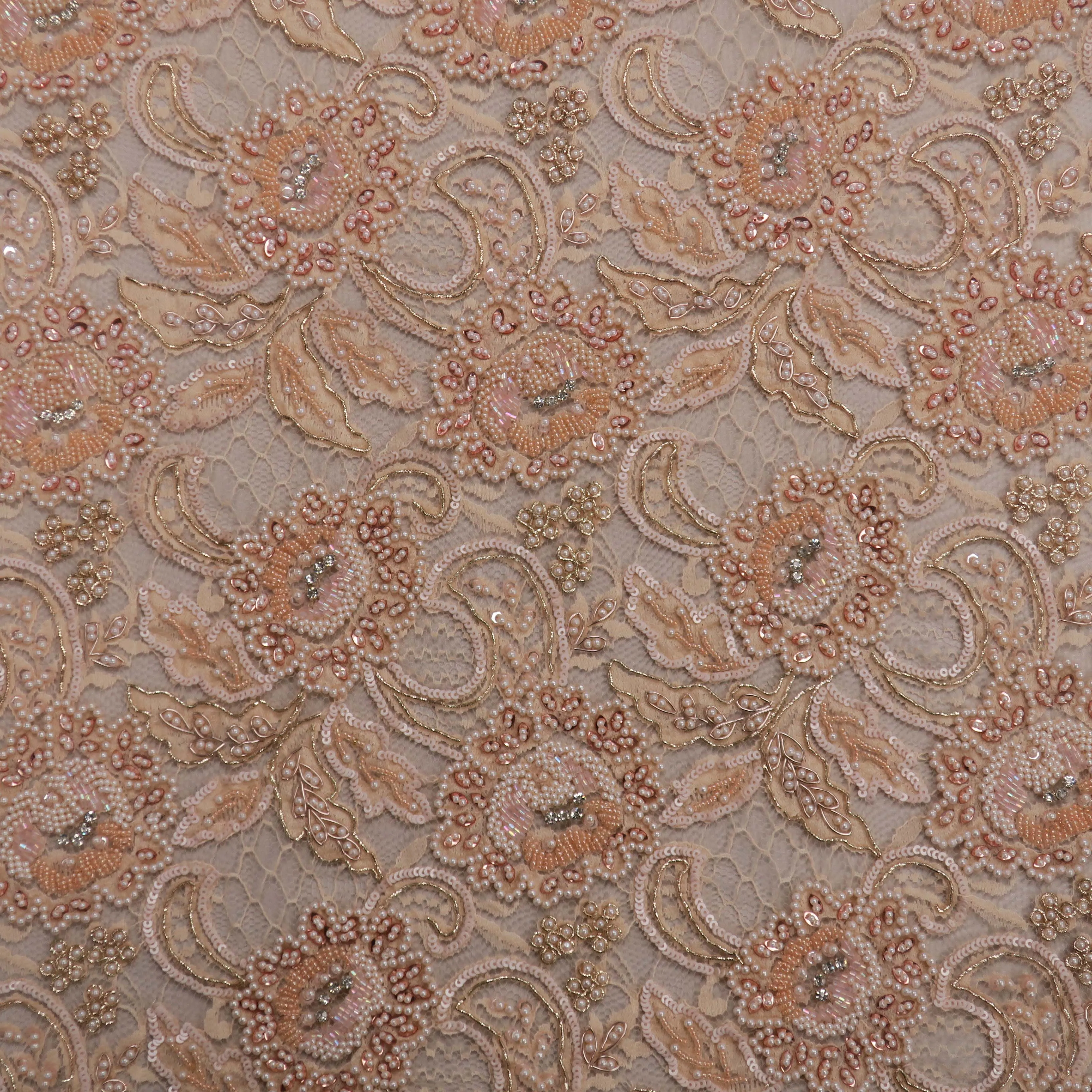 Peach Floral Beaded Embroidered Tulle Fabric