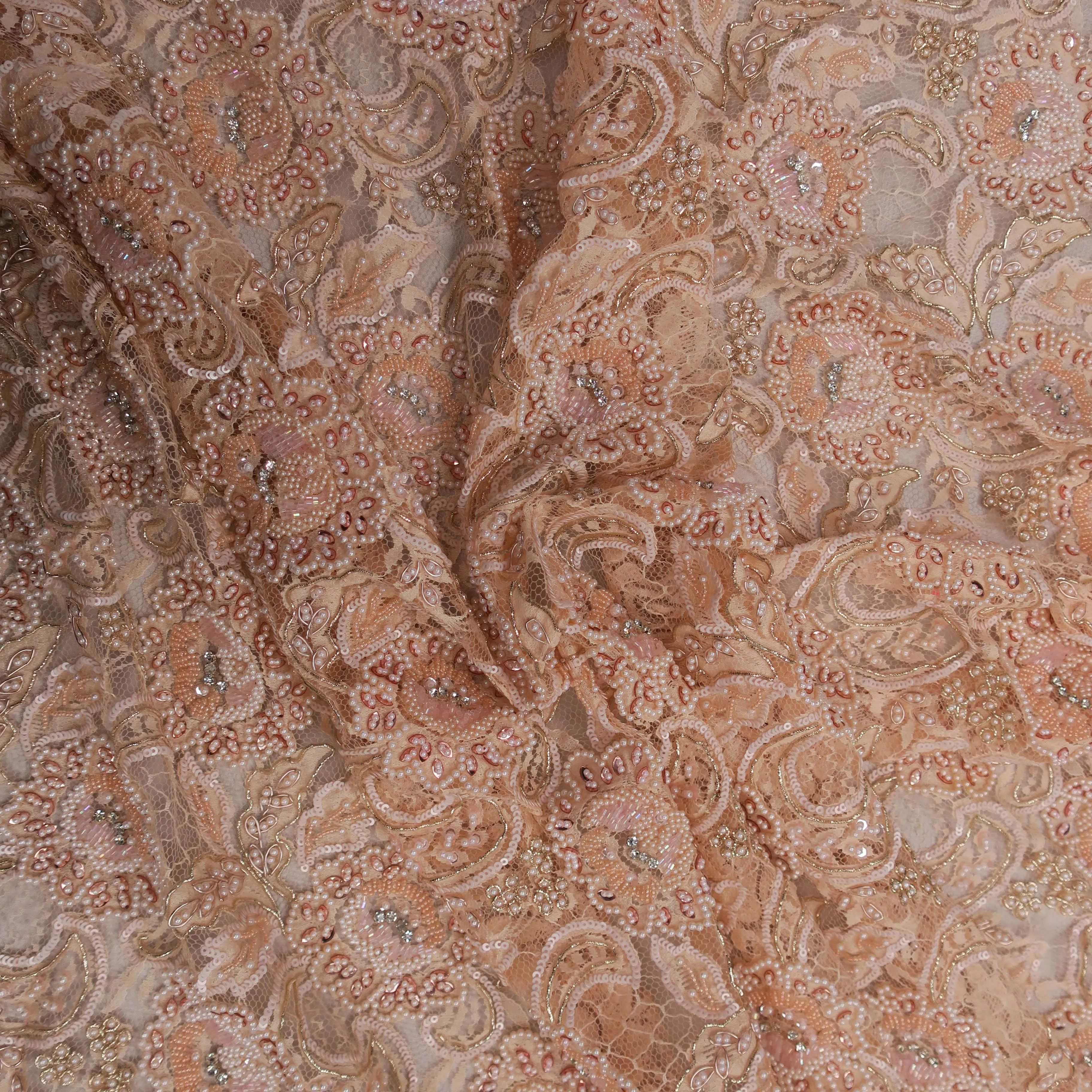 Peach Floral Beaded Embroidered Tulle Fabric