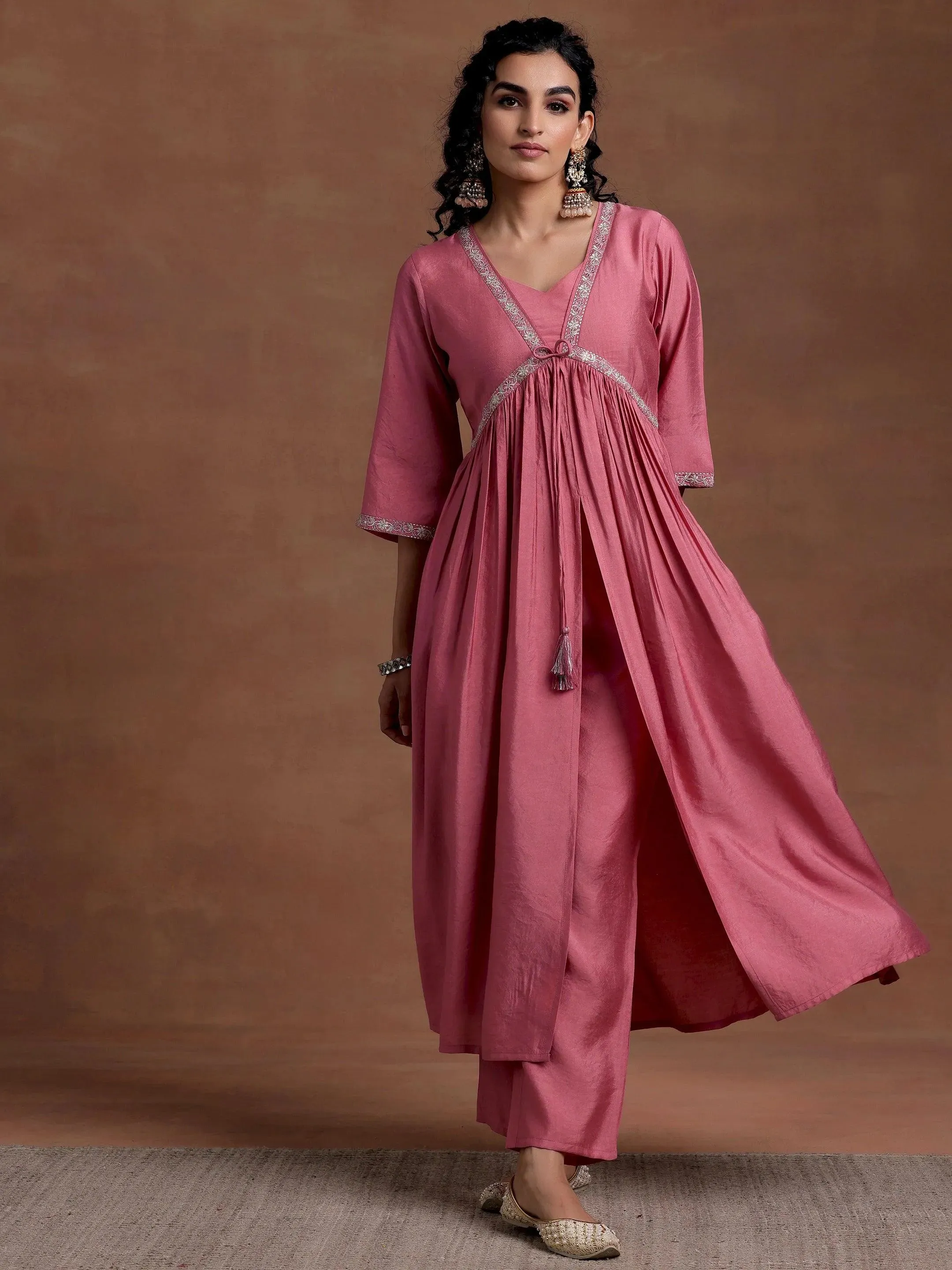 Peach Solid Silk Blend A-Line Kurta With Trousers