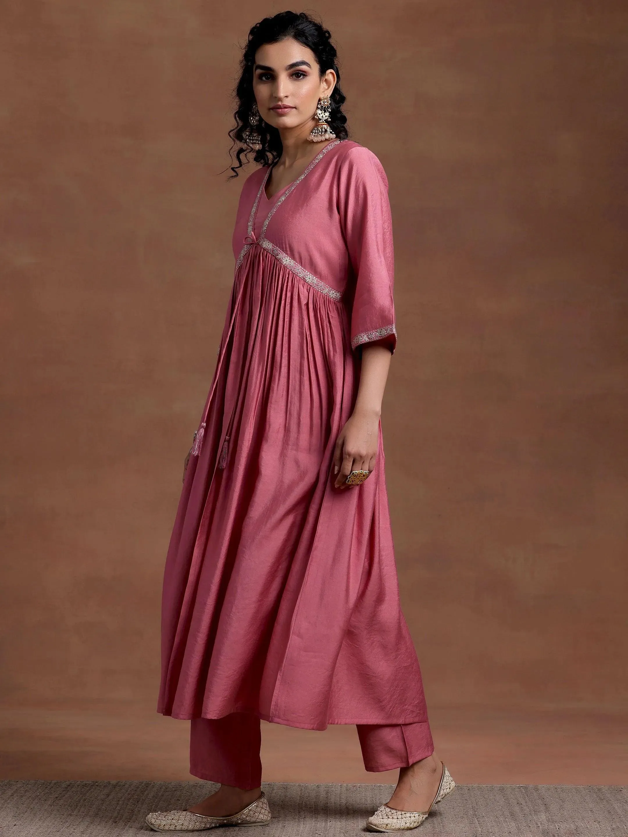 Peach Solid Silk Blend A-Line Kurta With Trousers