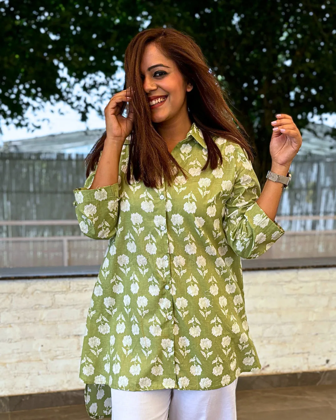 Pear Green Printed Cotton Aline Shirt