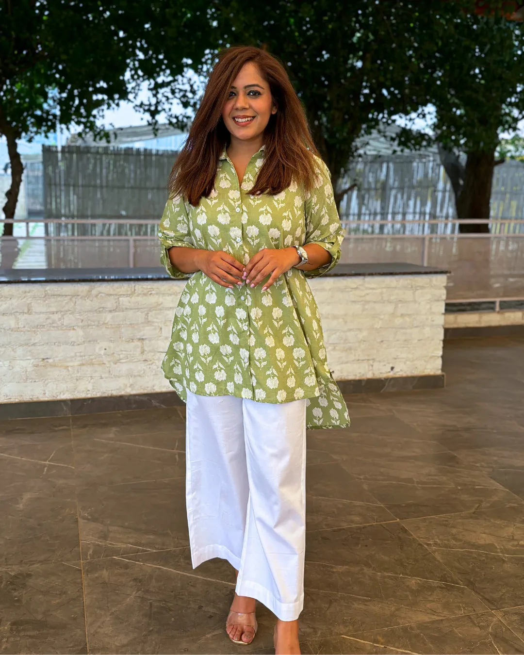 Pear Green Printed Cotton Aline Shirt