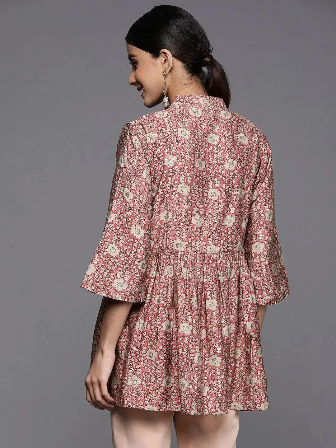 Pink Printed Silk Blend A-Line Kurti