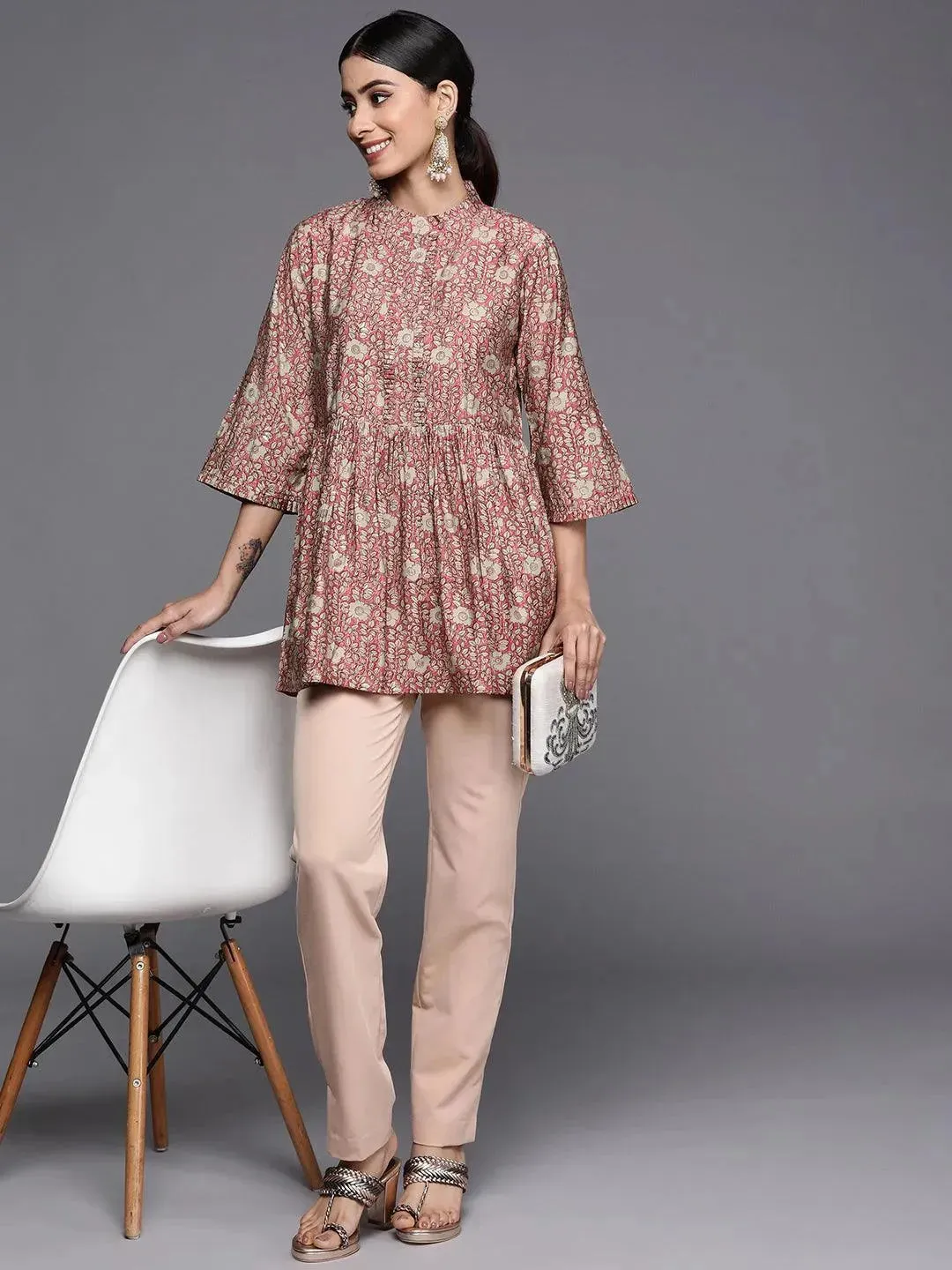 Pink Printed Silk Blend A-Line Kurti