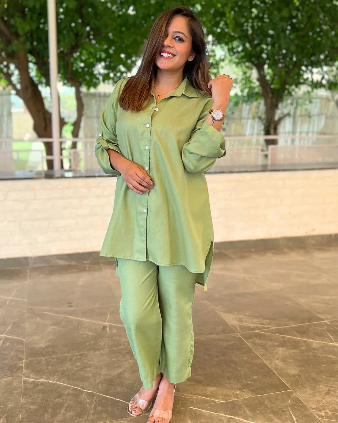 Pistachio Green Cotton Slub Aline Co-ord Set of 2