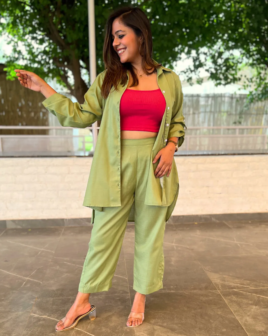 Pistachio Green Cotton Slub Aline Co-ord Set of 2