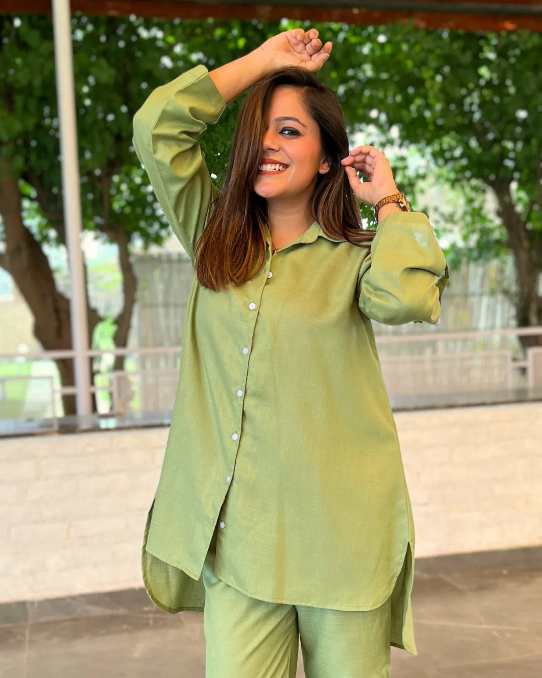 Pistachio Green Solid Aline Cotton Slub Shirt