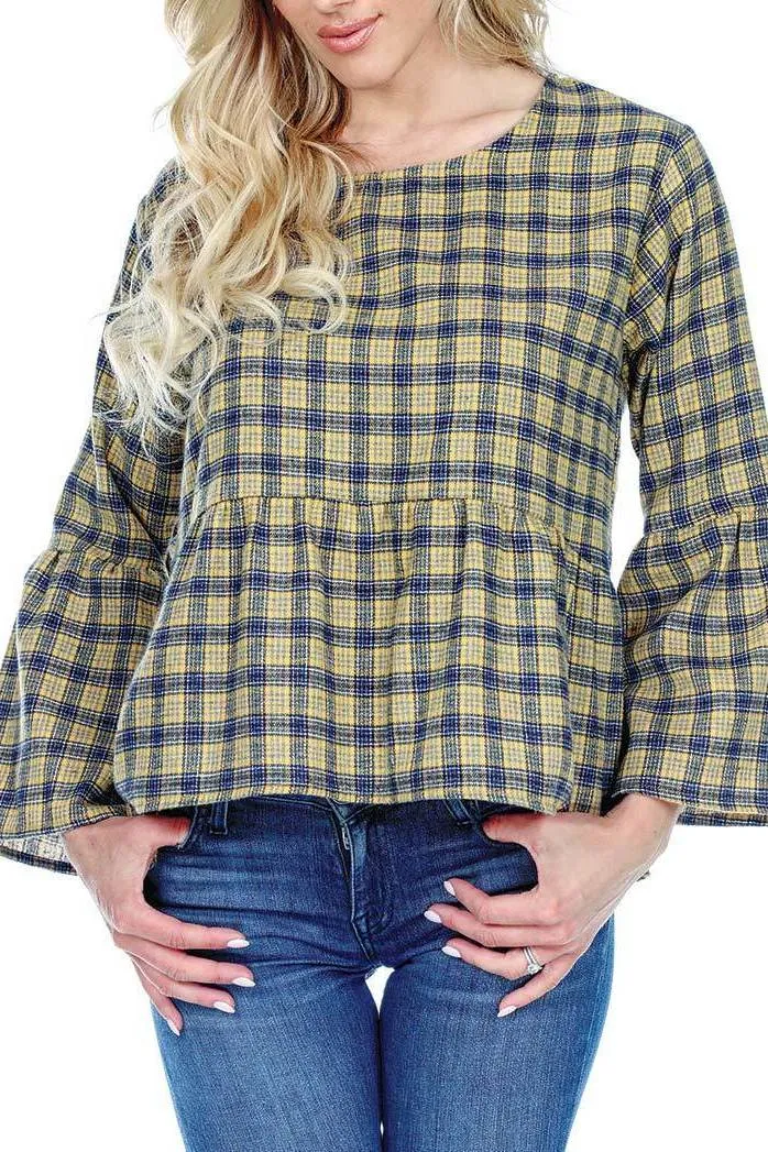 Plaid Cotton Top Ruffle Waist