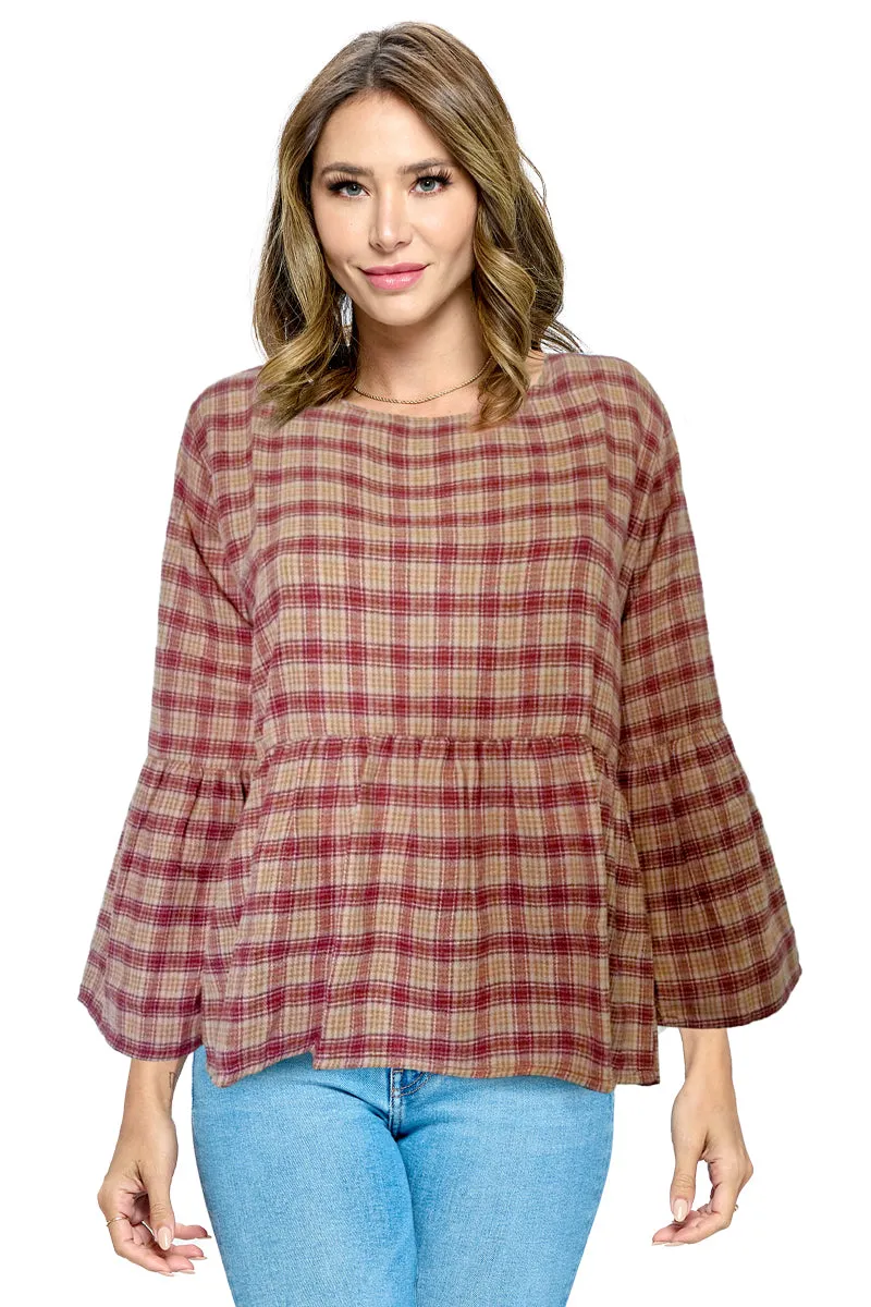 Plaid Cotton Top Ruffle Waist