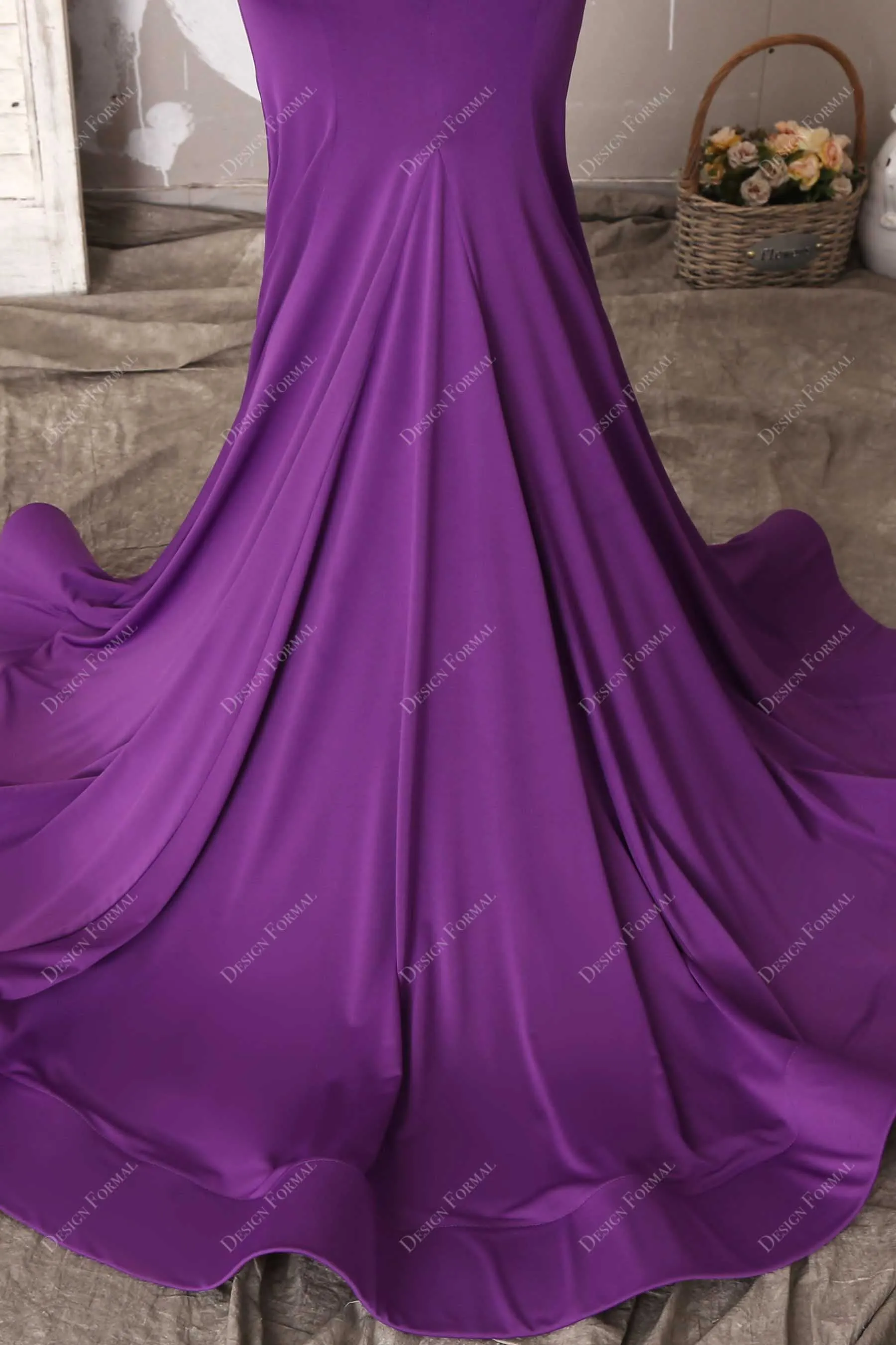 Pleated Purple Spandex Elegant Off-shoulder Prom Dress