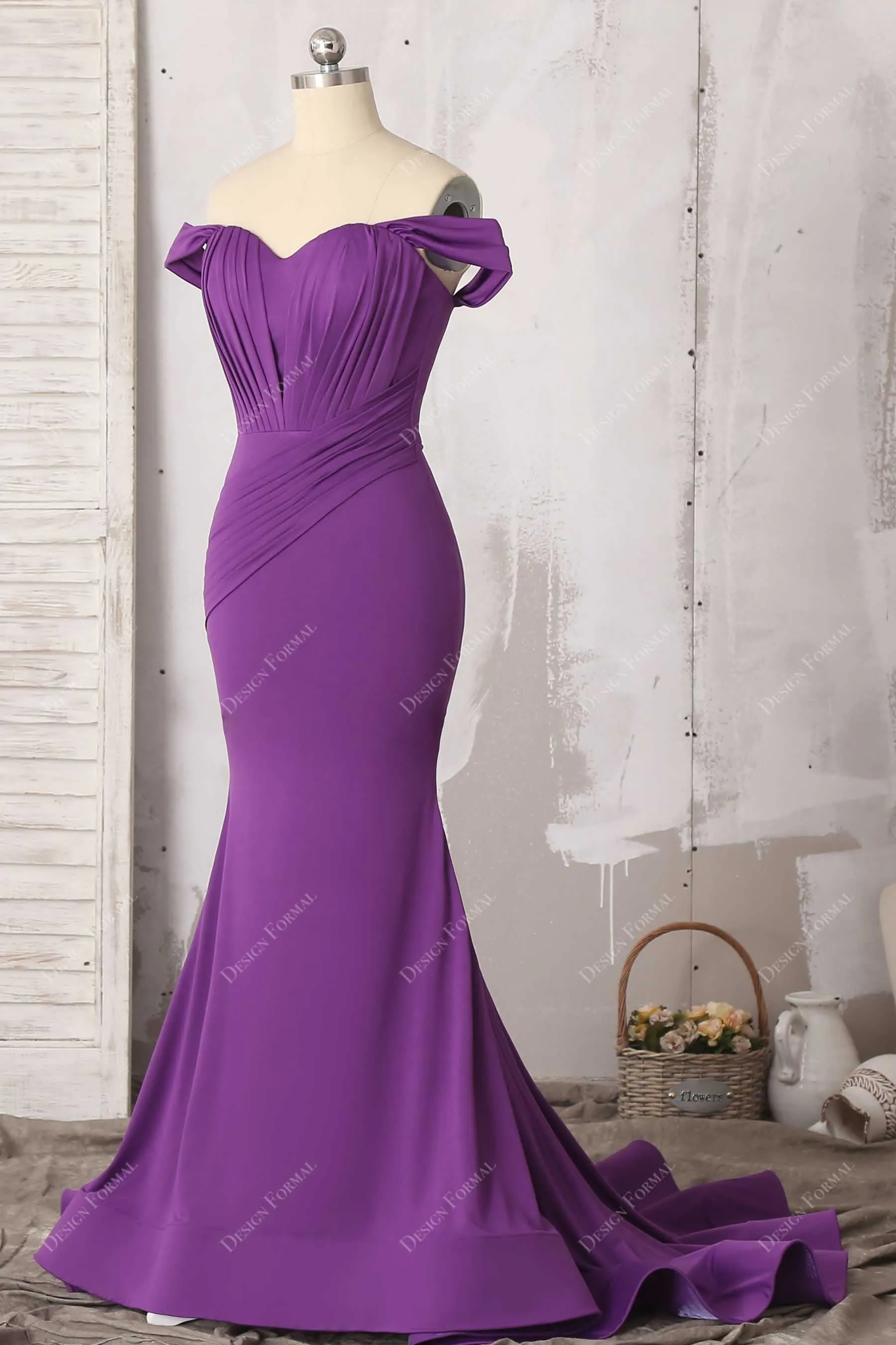 Pleated Purple Spandex Elegant Off-shoulder Prom Dress