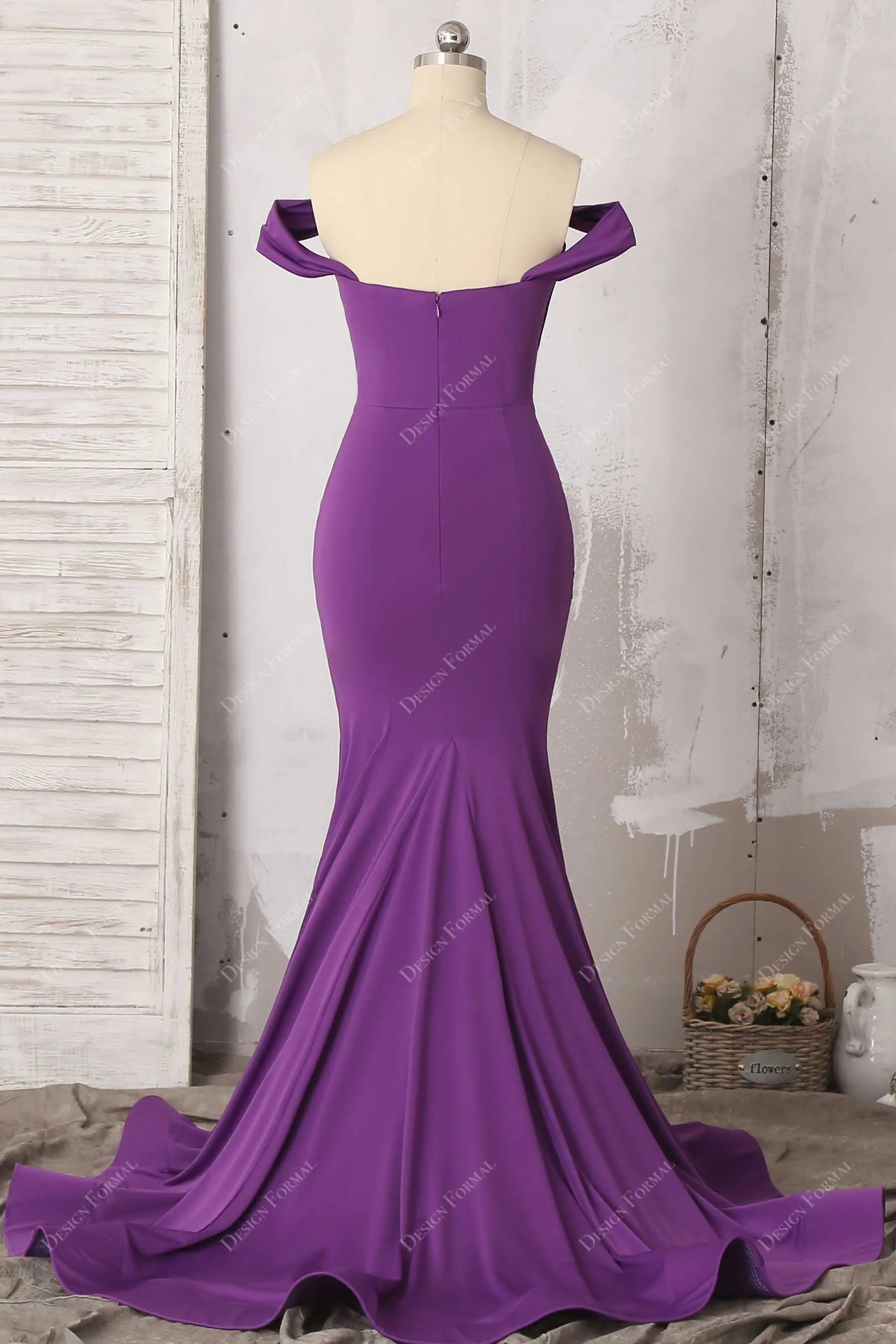 Pleated Purple Spandex Elegant Off-shoulder Prom Dress