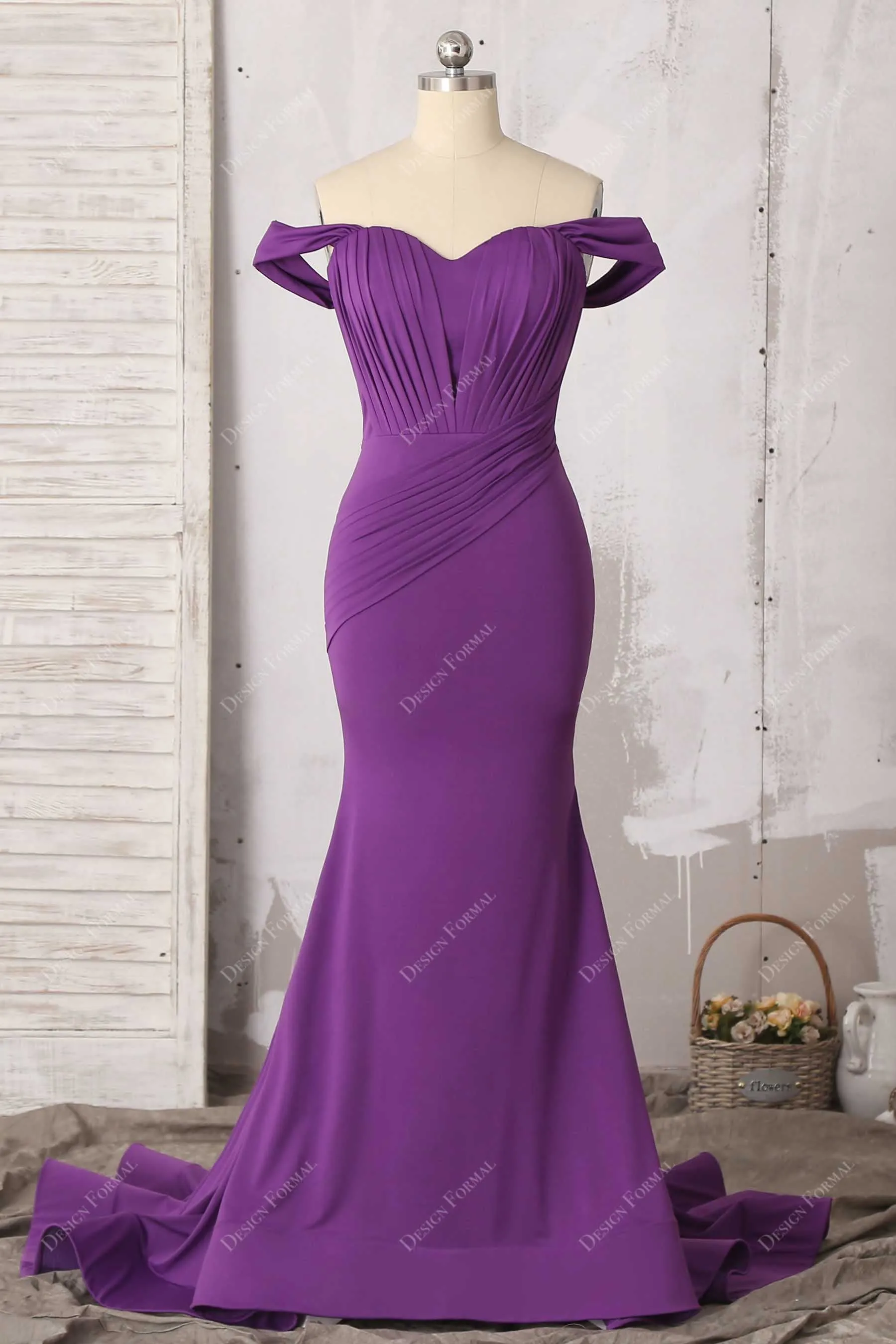 Pleated Purple Spandex Elegant Off-shoulder Prom Dress