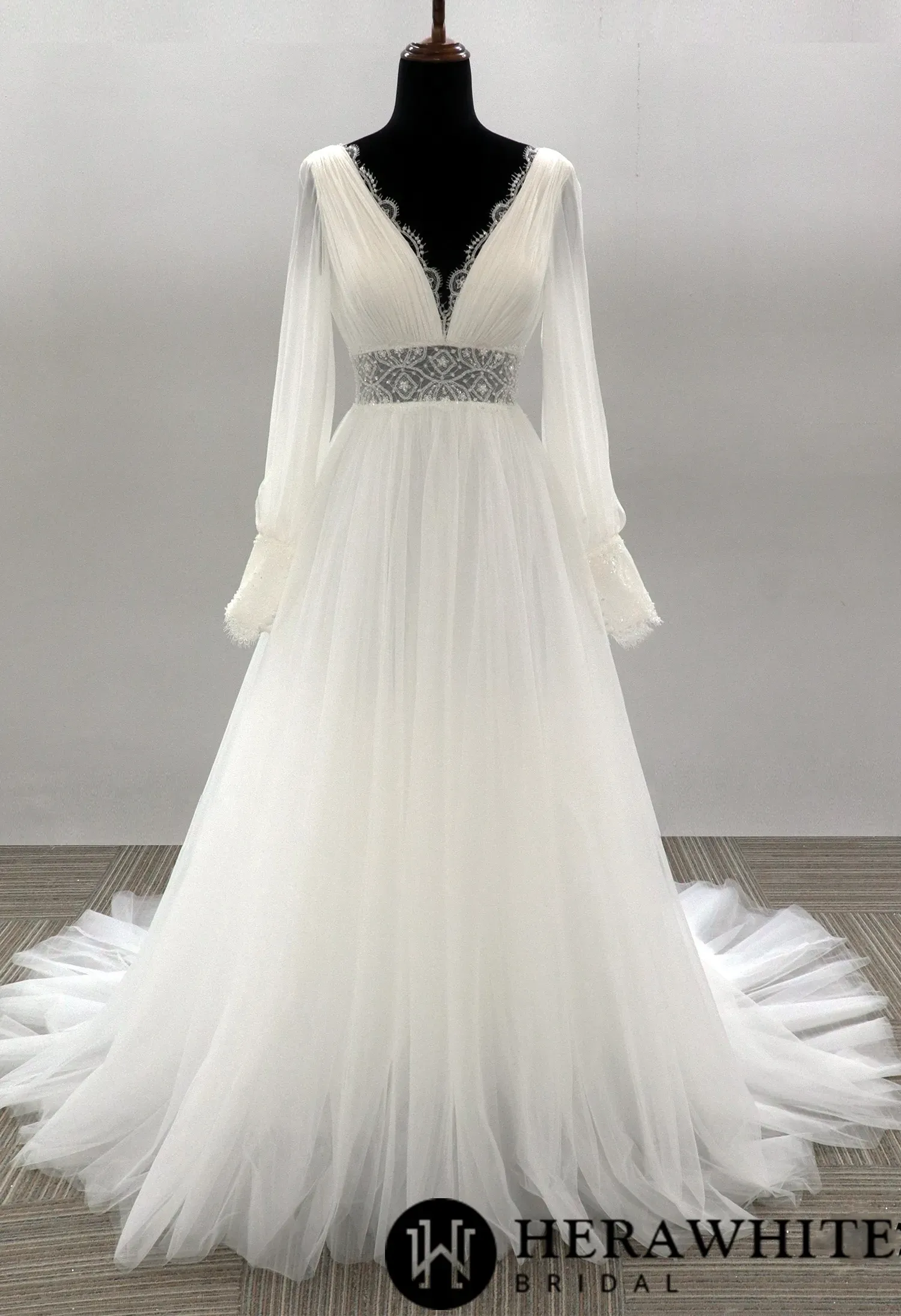 Plunging V-neck Long Sleeves Tulle Wedding Gown