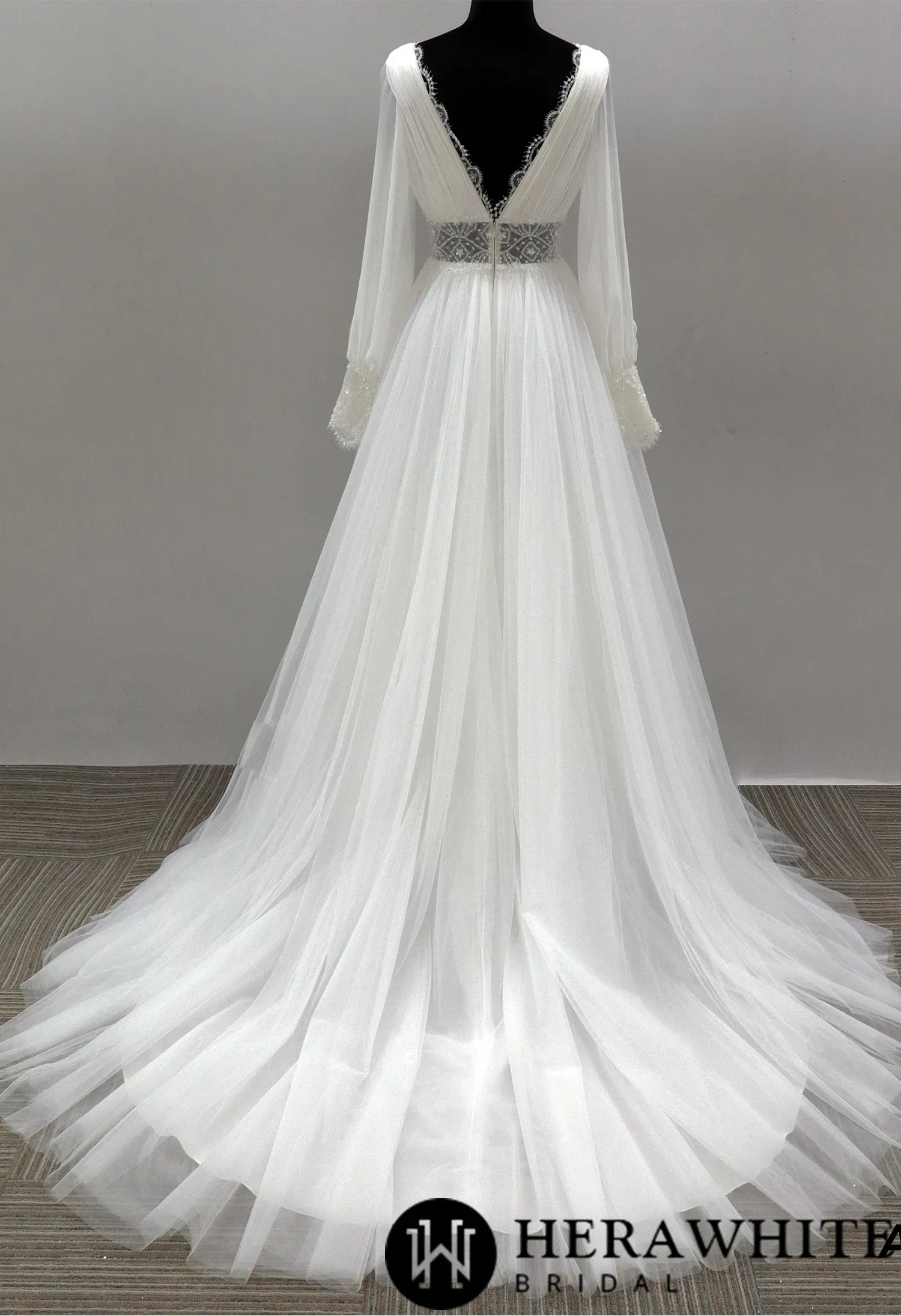 Plunging V-neck Long Sleeves Tulle Wedding Gown