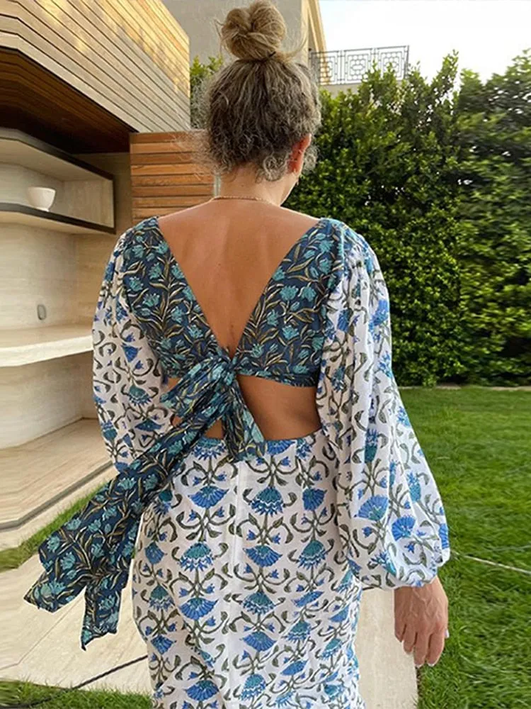 Printed Long Puff Sleeve Graceful Back Bow Maxi Dress