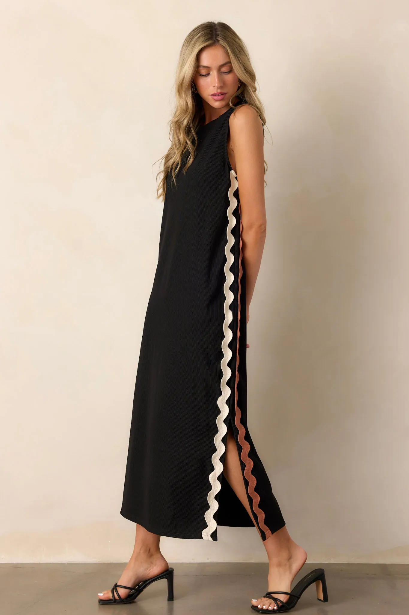 Radiant Glow Black Ricrac Midi Dress