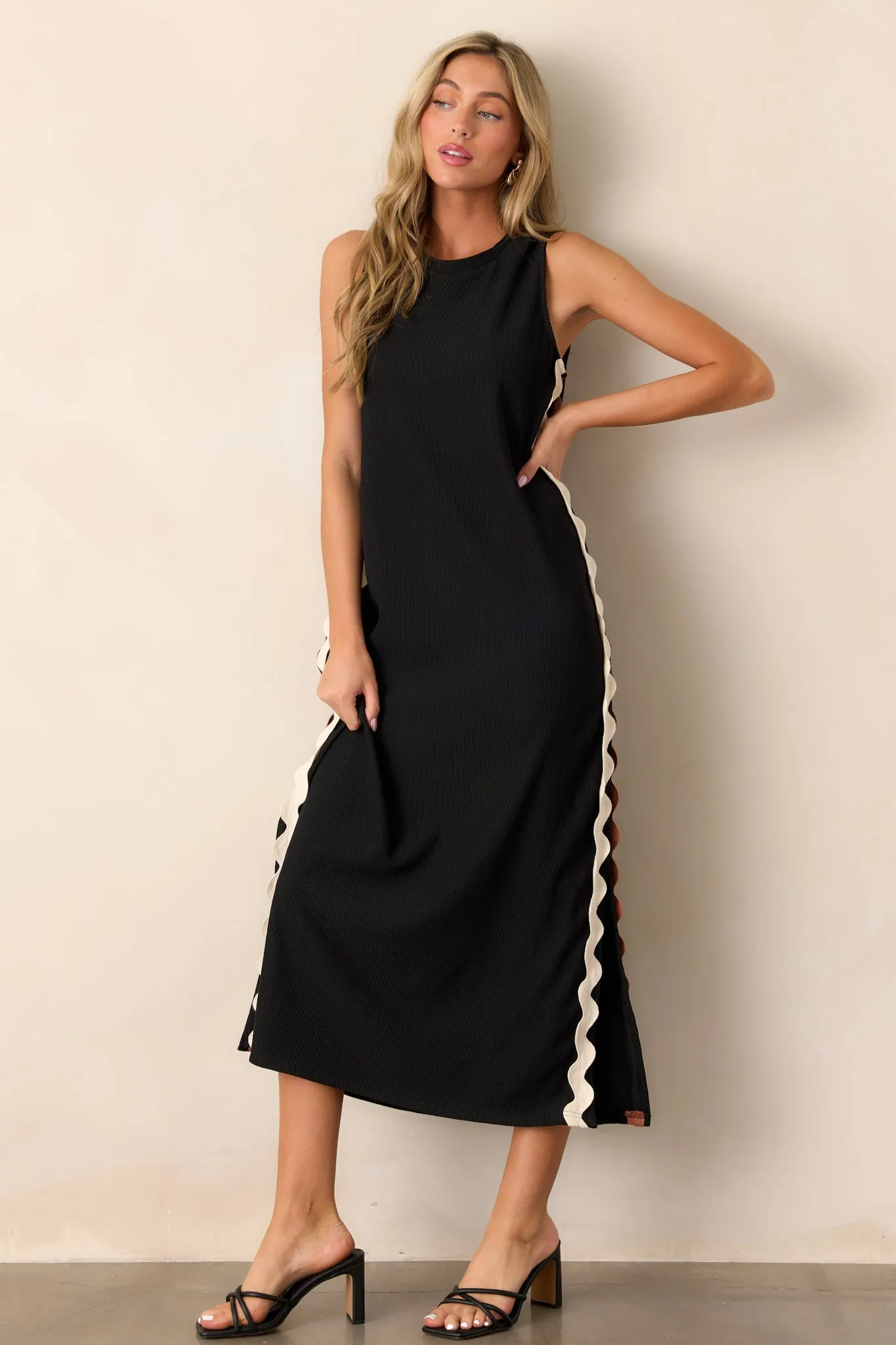 Radiant Glow Black Ricrac Midi Dress