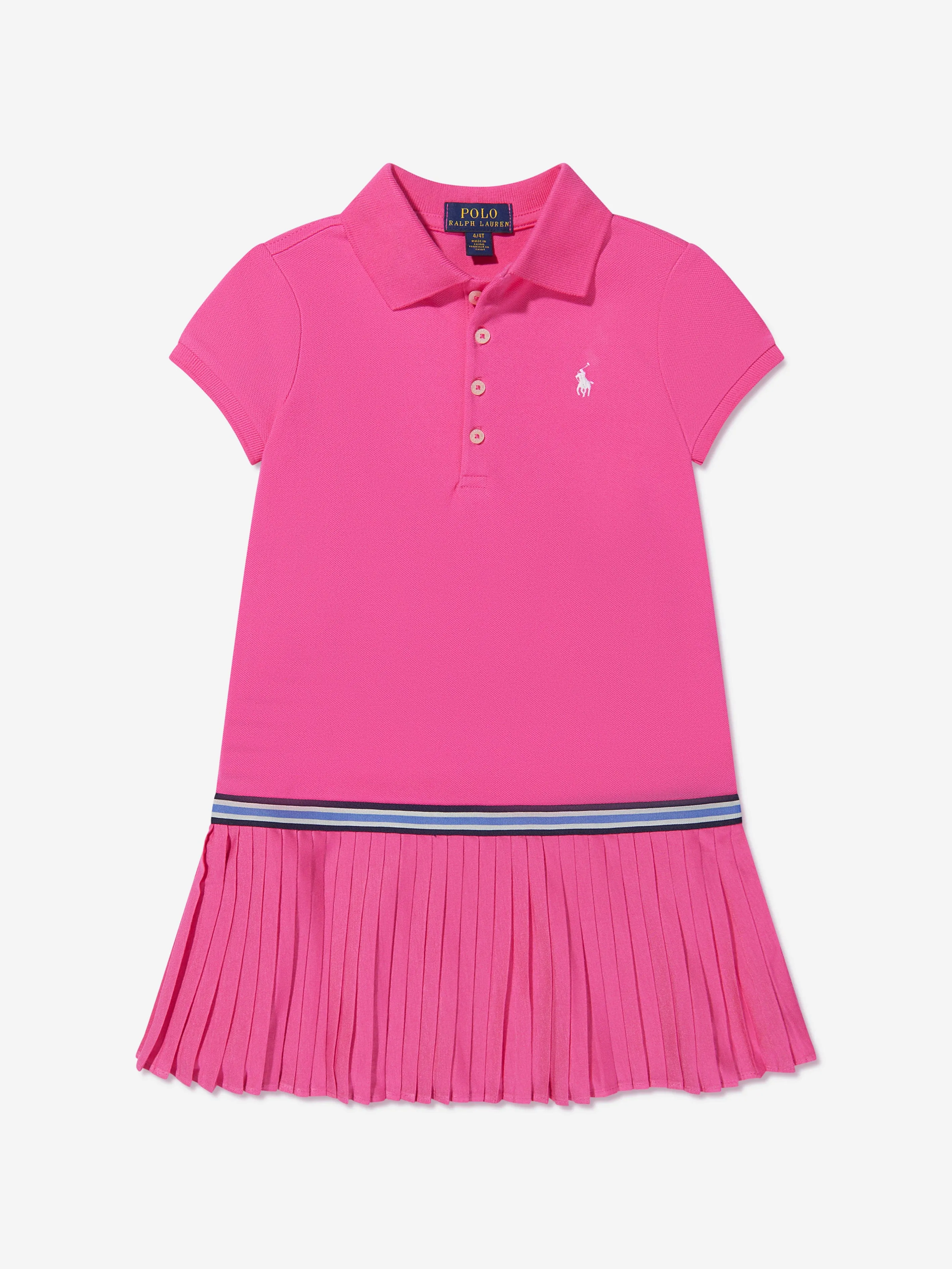 Ralph Lauren Girls Pleated Logo Dress in Pink