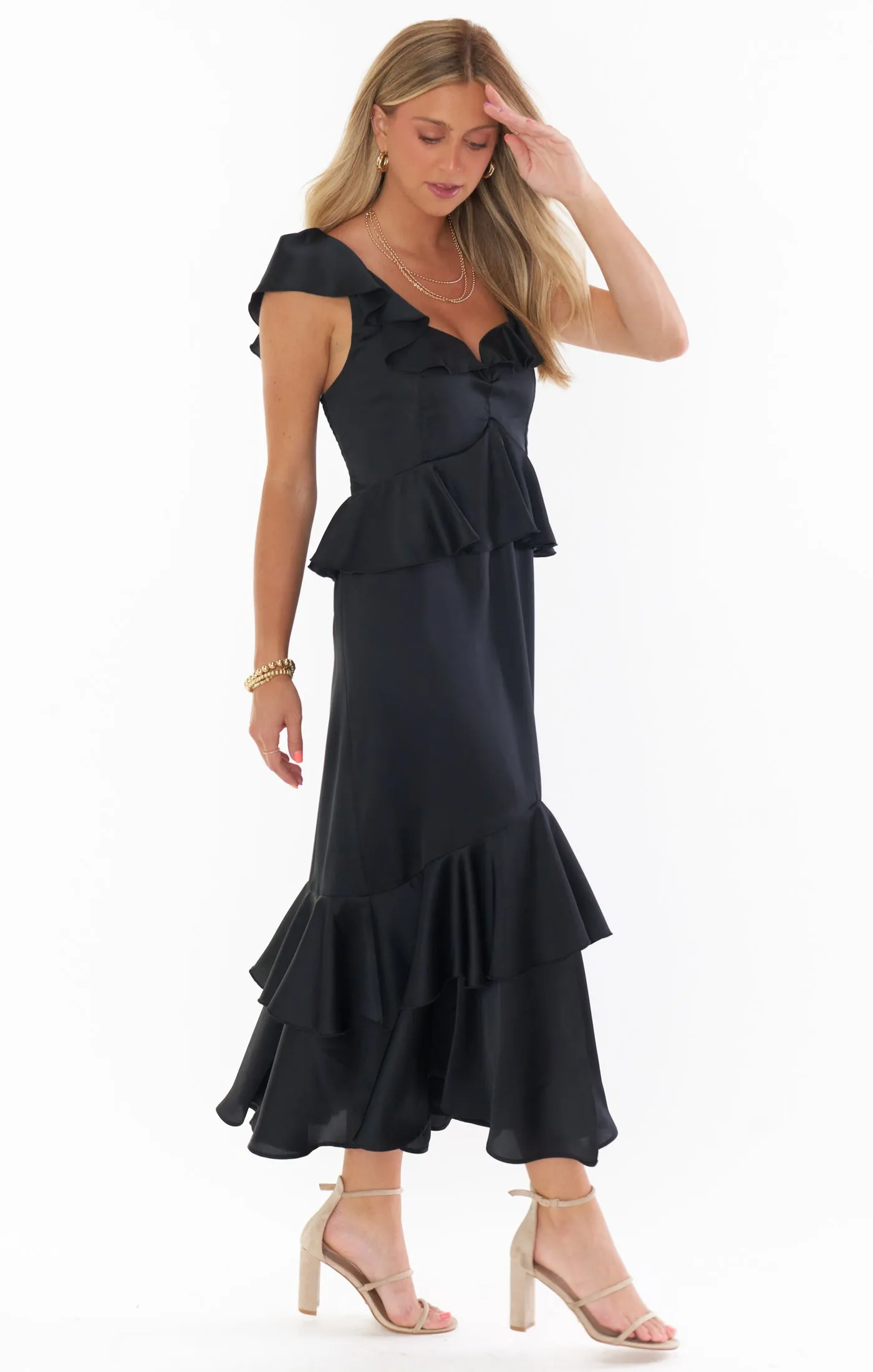 Reese Ruffle Dress ~ Black Luxe Satin