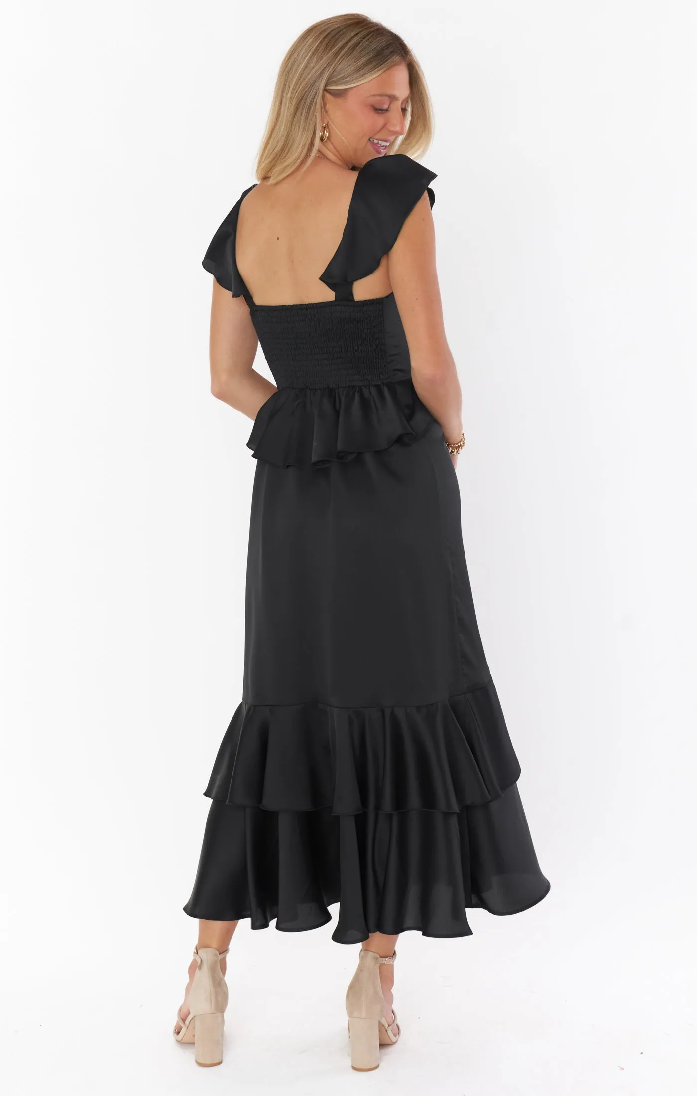 Reese Ruffle Dress ~ Black Luxe Satin