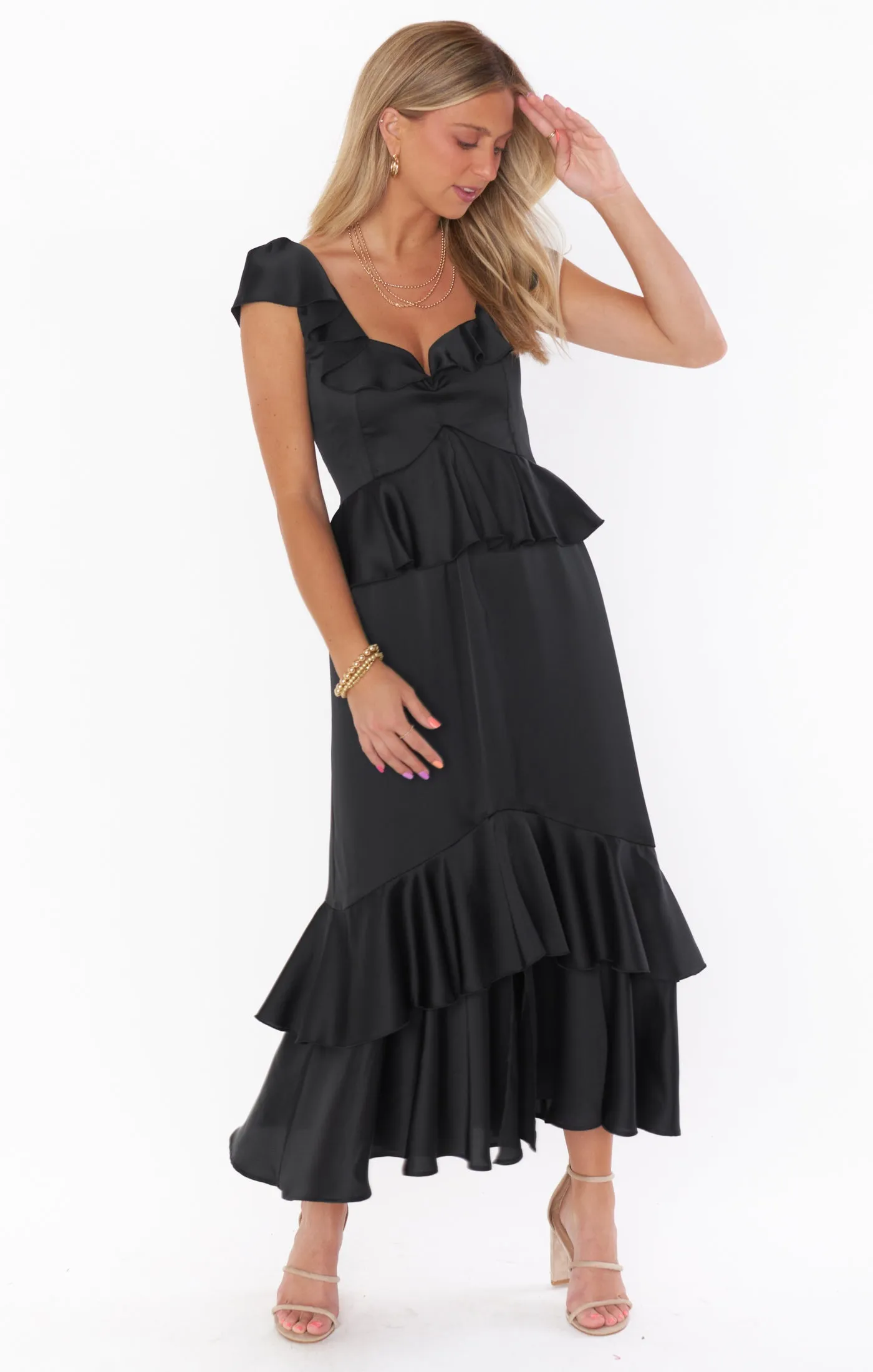 Reese Ruffle Dress ~ Black Luxe Satin