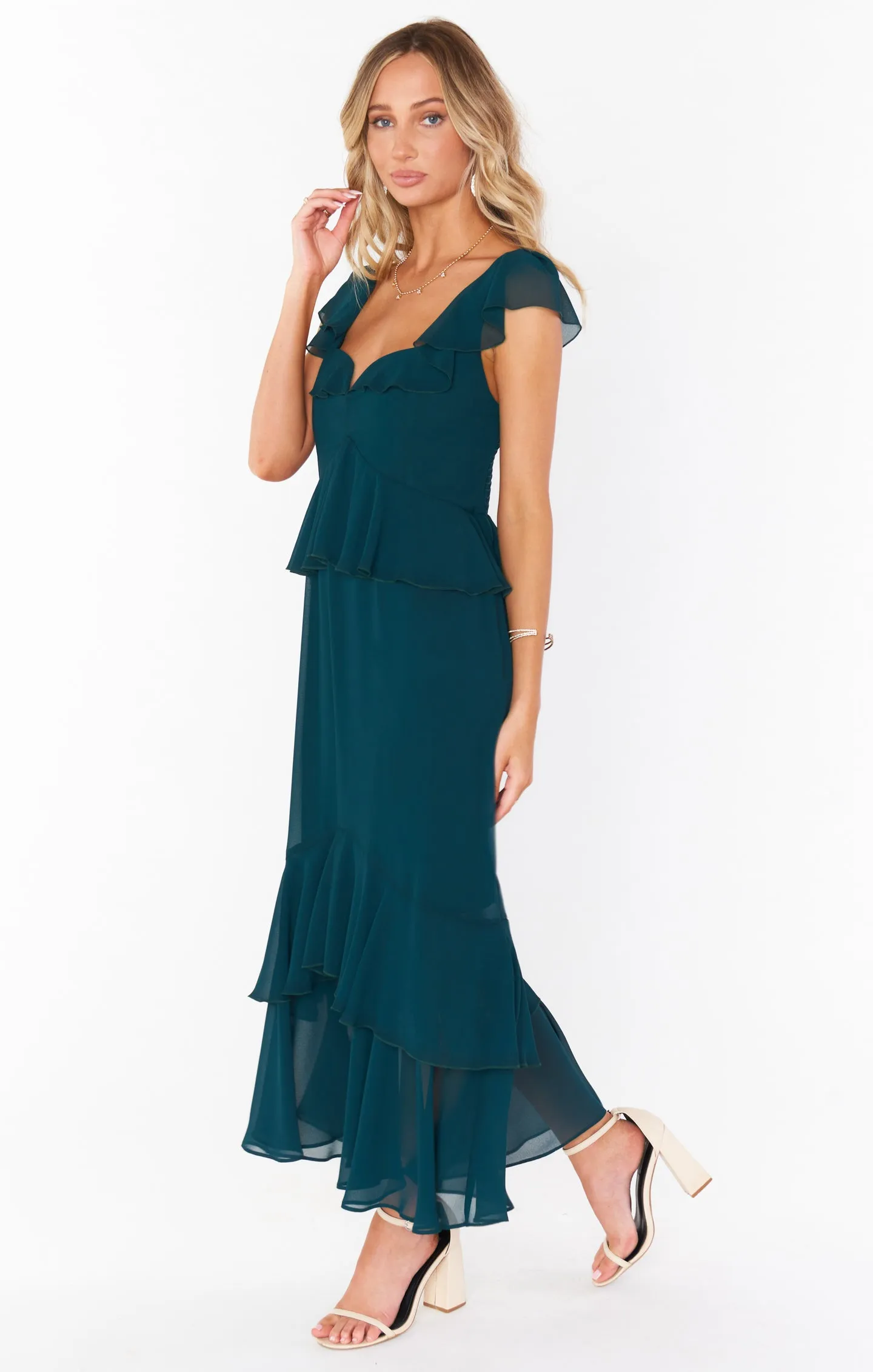 Reese Ruffle Dress ~ Emerald Chiffon