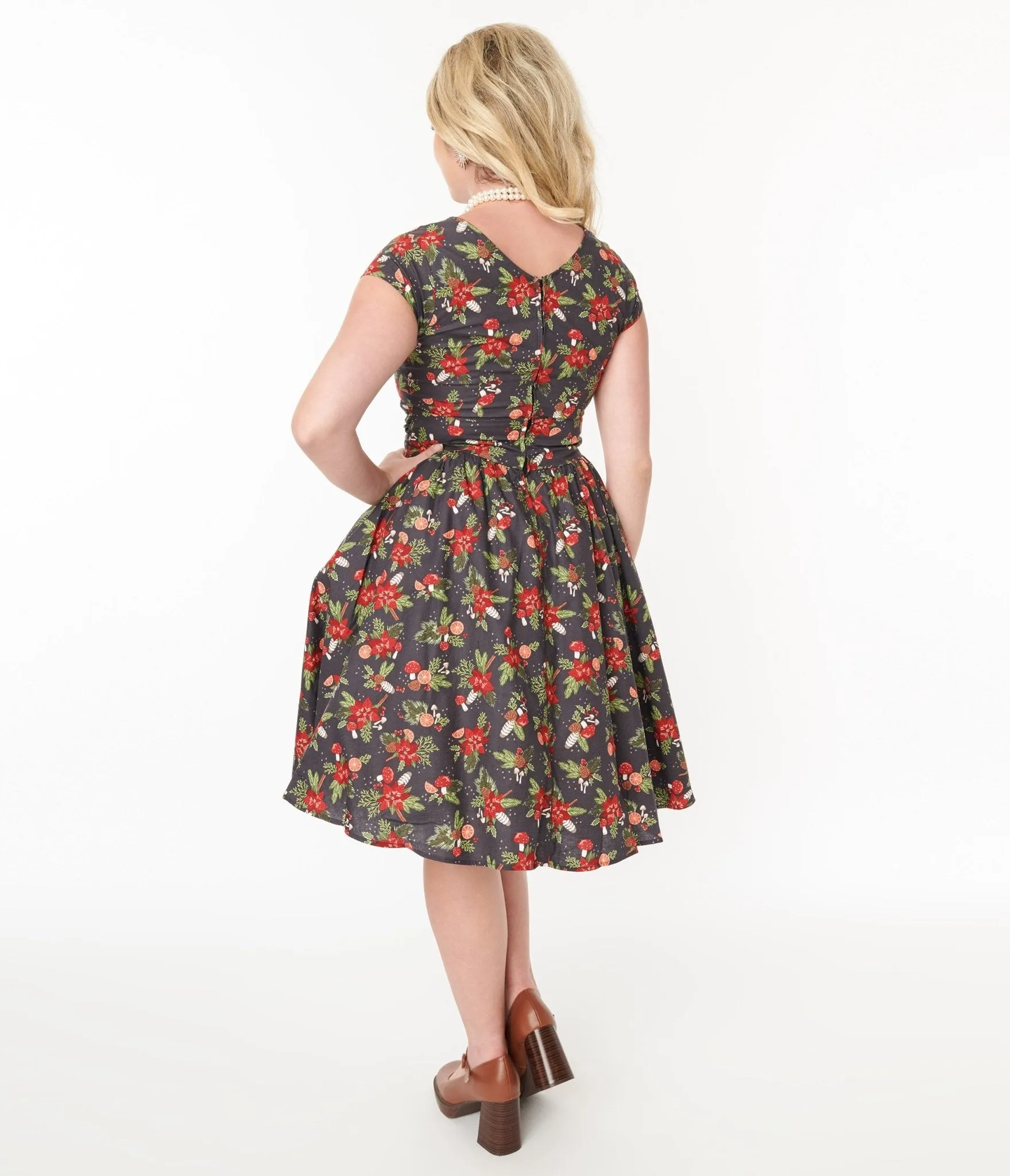 Retrolicious Brown & Holiday Florals Greta Swing Dress