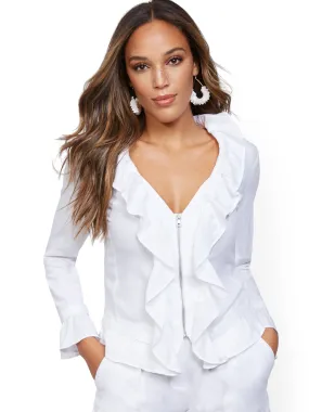 Ruffled Linen Zip-Front Jacket in Optic White