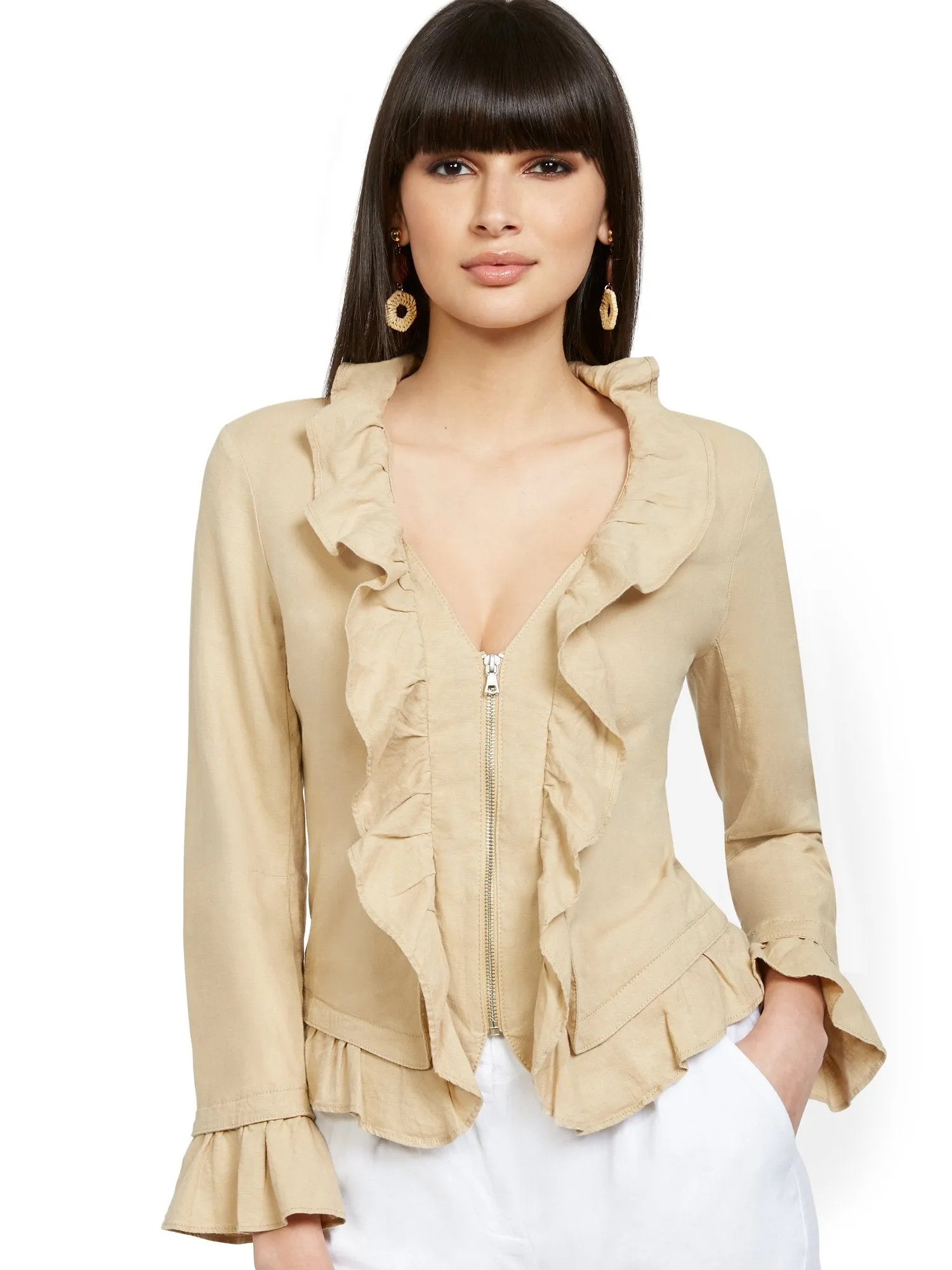 Ruffled Linen Zip-Front Jacket