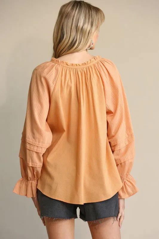 Ruffled Tie Neck and Popover Blouse - Apricot