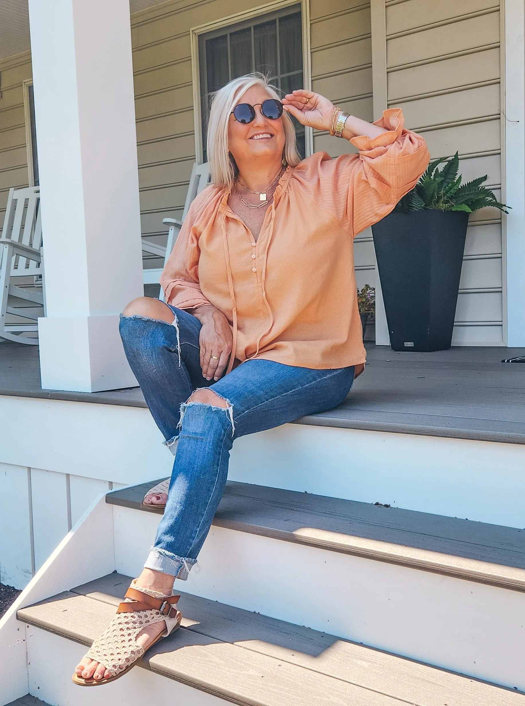 Ruffled Tie Neck and Popover Blouse - Apricot