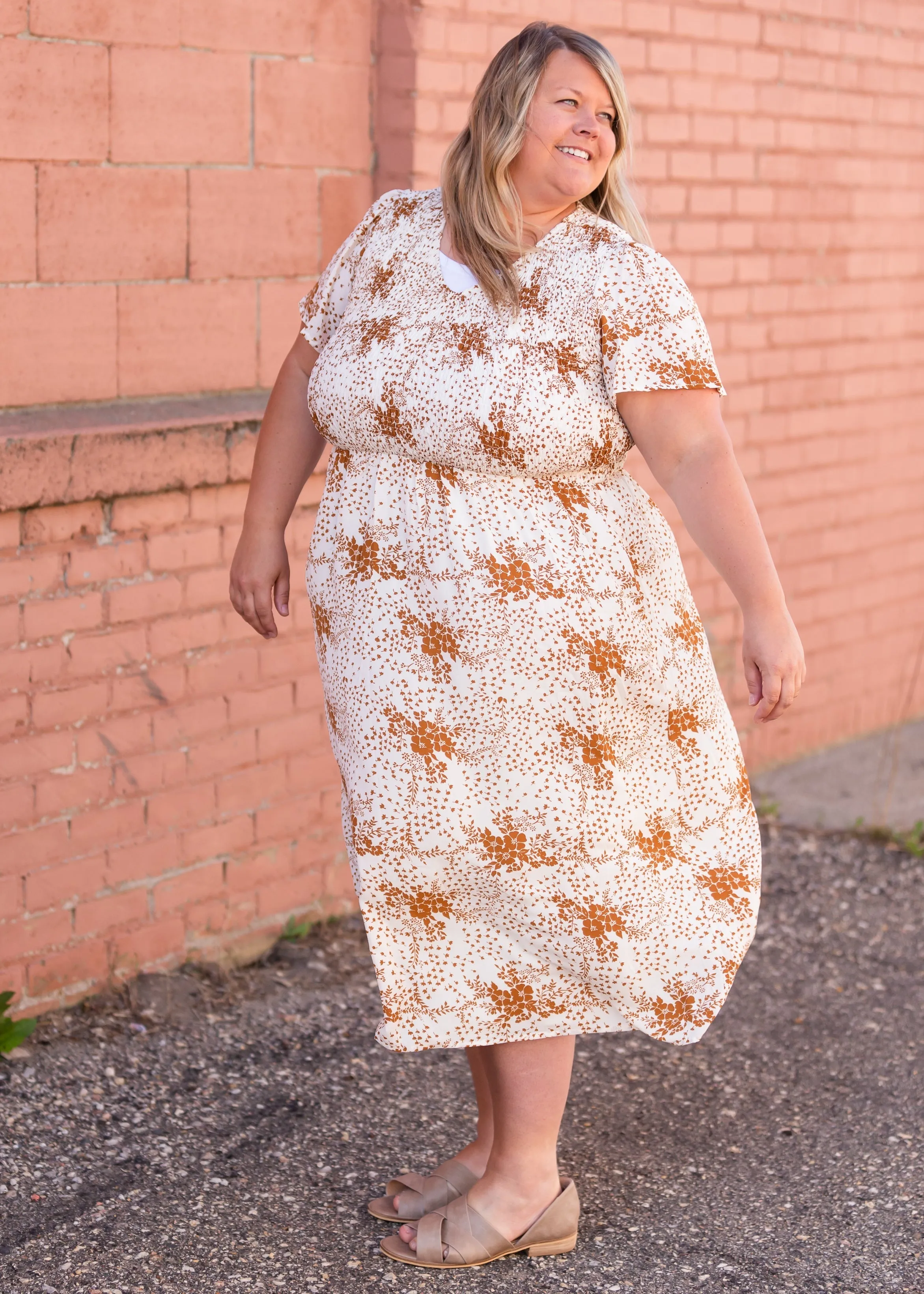 Rust Floral Smocked Flowy Midi Dress - FINAL SALE