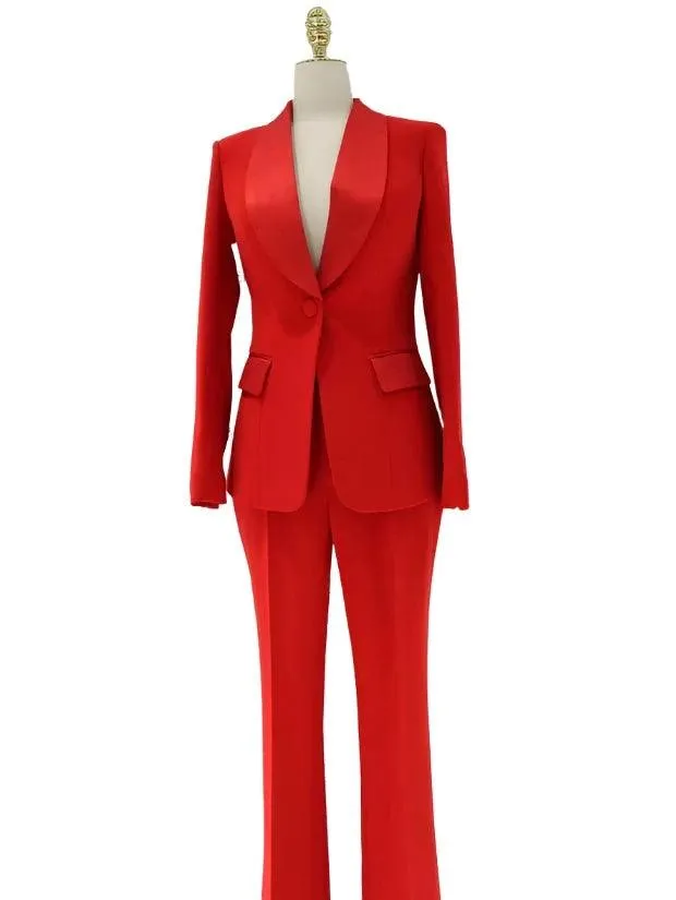 Satin Lapel Collar Pant Suit - Women Trouser Suits - Trouser Suit