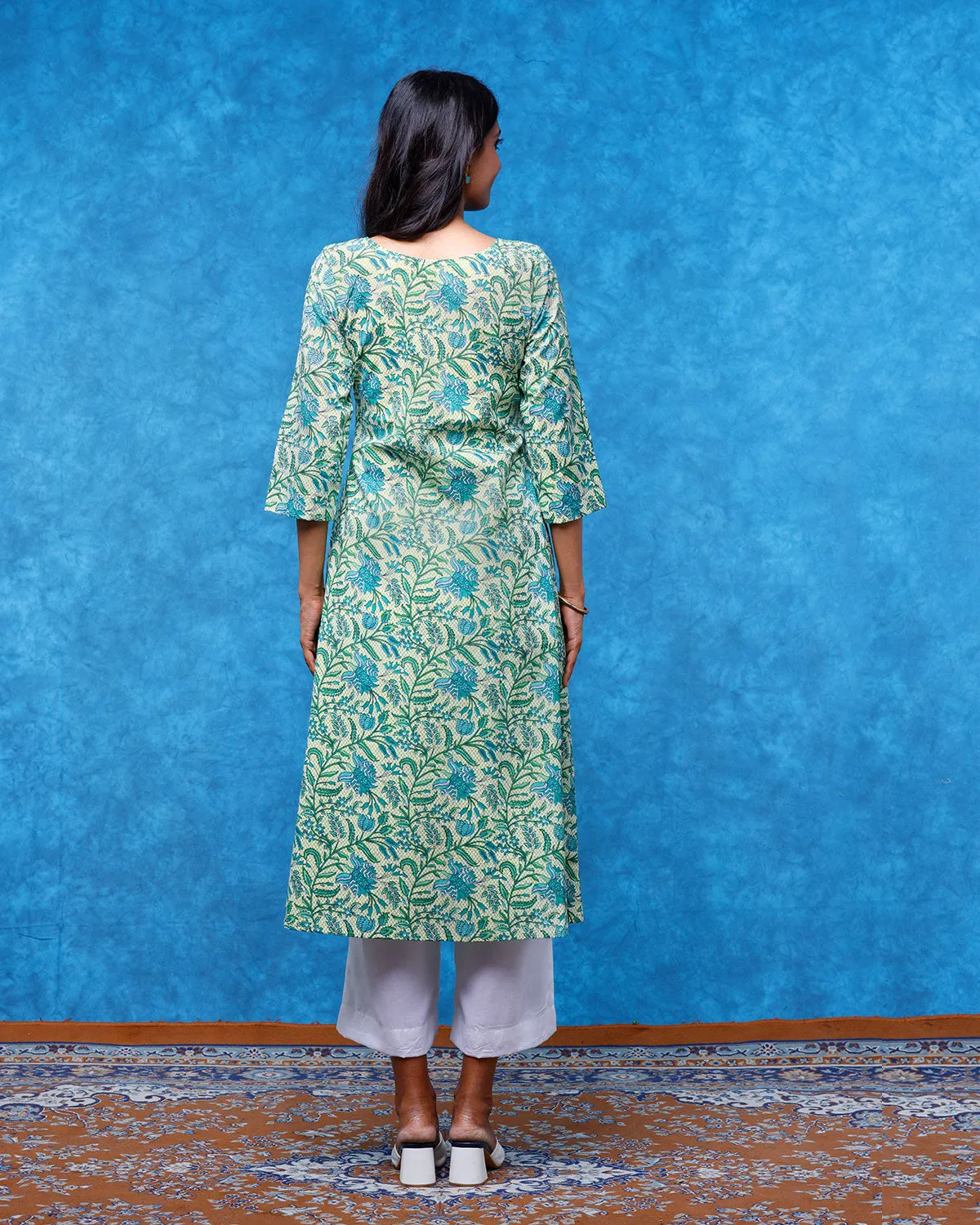 Sea Green Floral Printed Aline Kurta