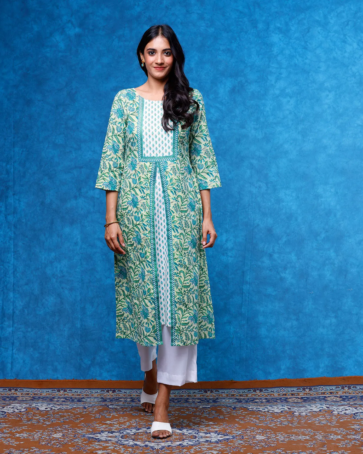 Sea Green Floral Printed Aline Kurta