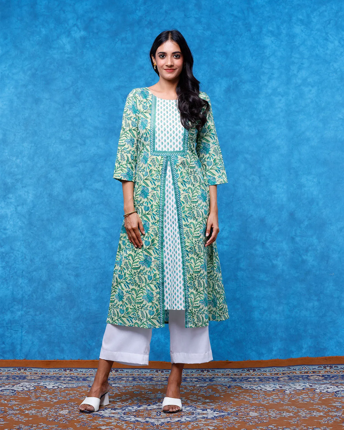 Sea Green Floral Printed Aline Kurta