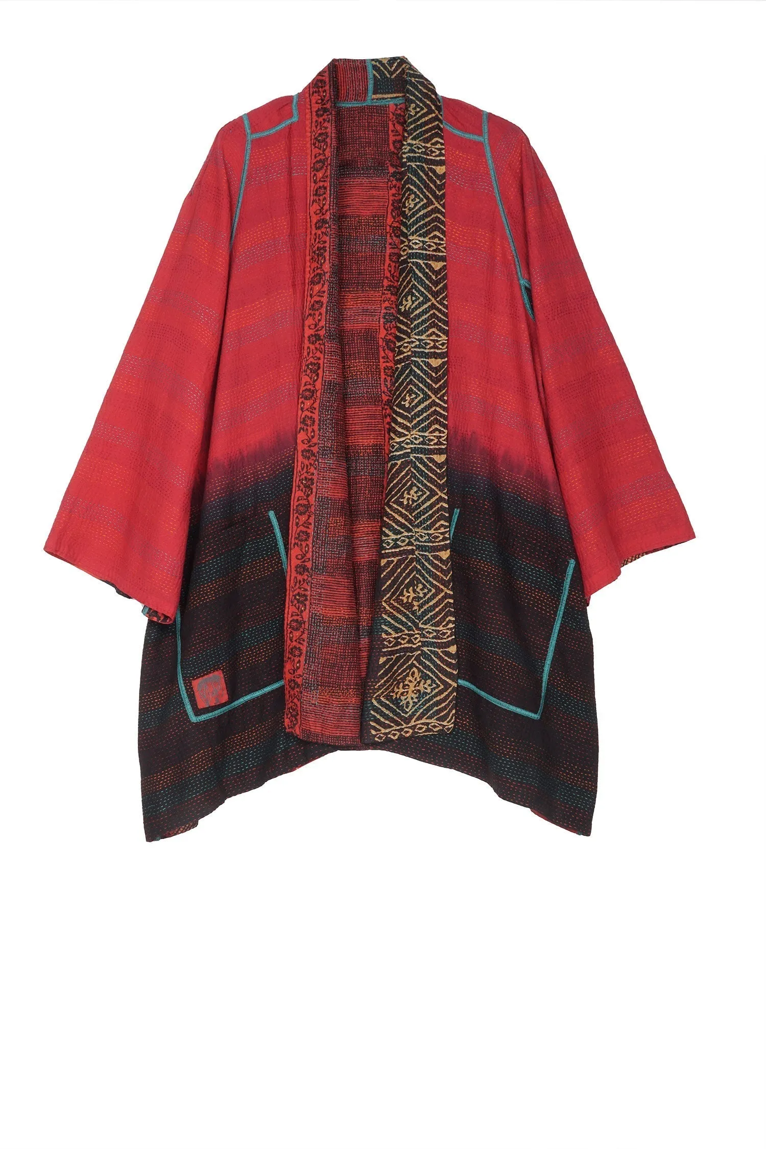 SILK COTTON OMBRE PRINT KANTHA A-LINE JKT - os2003-red -