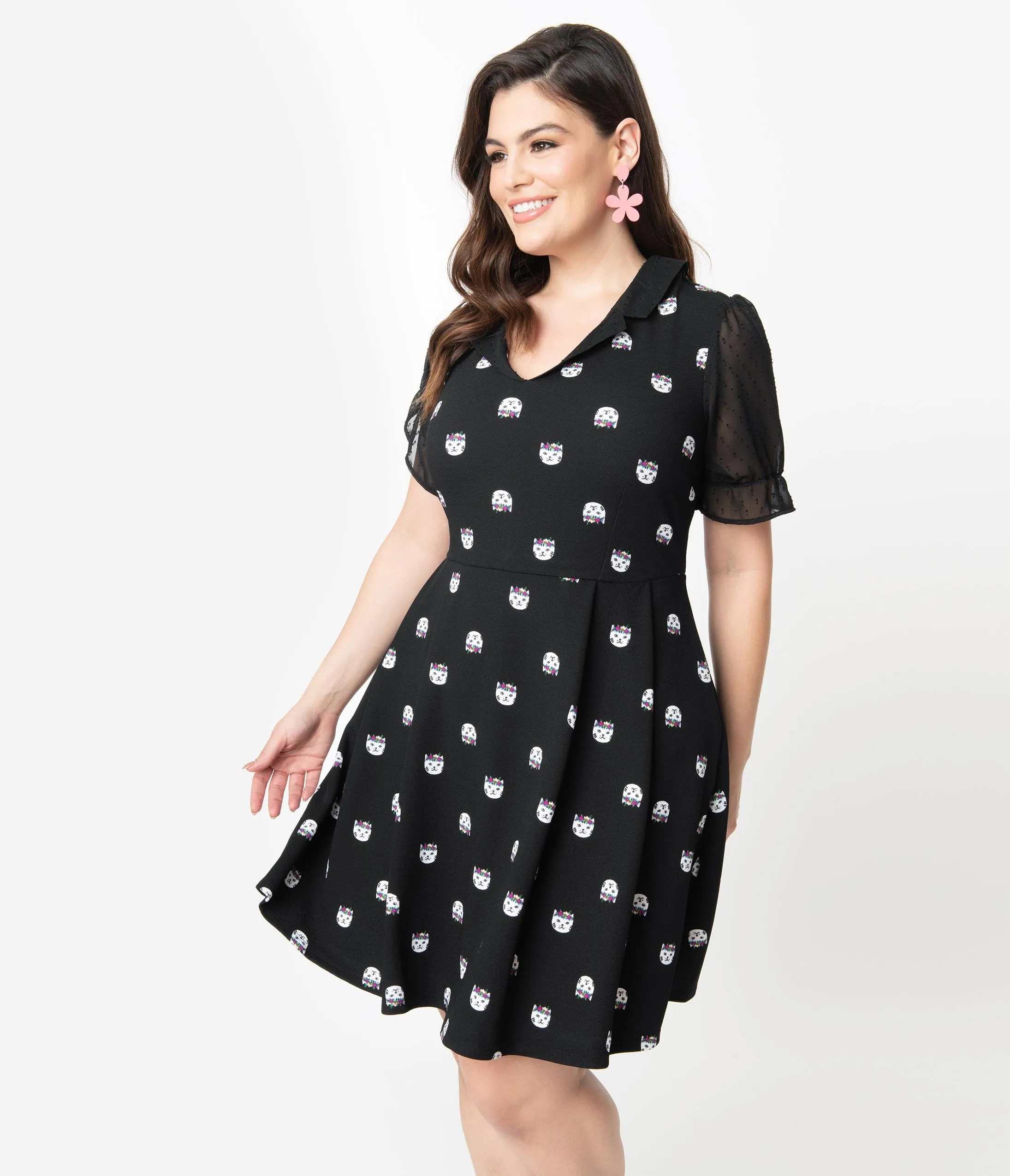 Smak Parlour Plus Size Black Cat Print Ruffle Riot Fit & Flare Dress