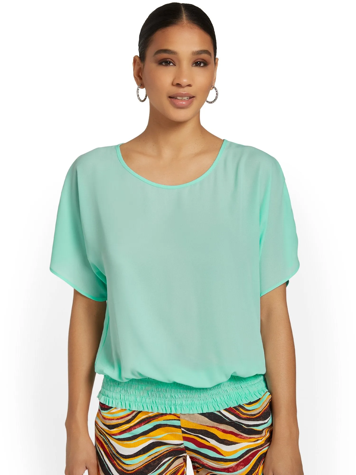 Smocked-Hem Dolman Blouse