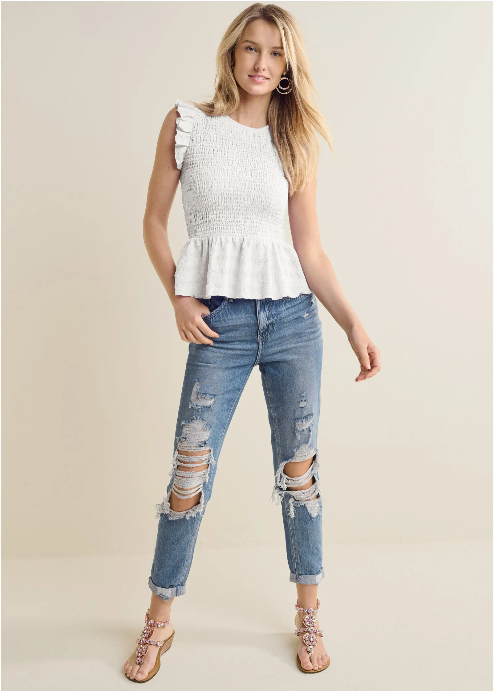 Smocked Peplum Top - Off White